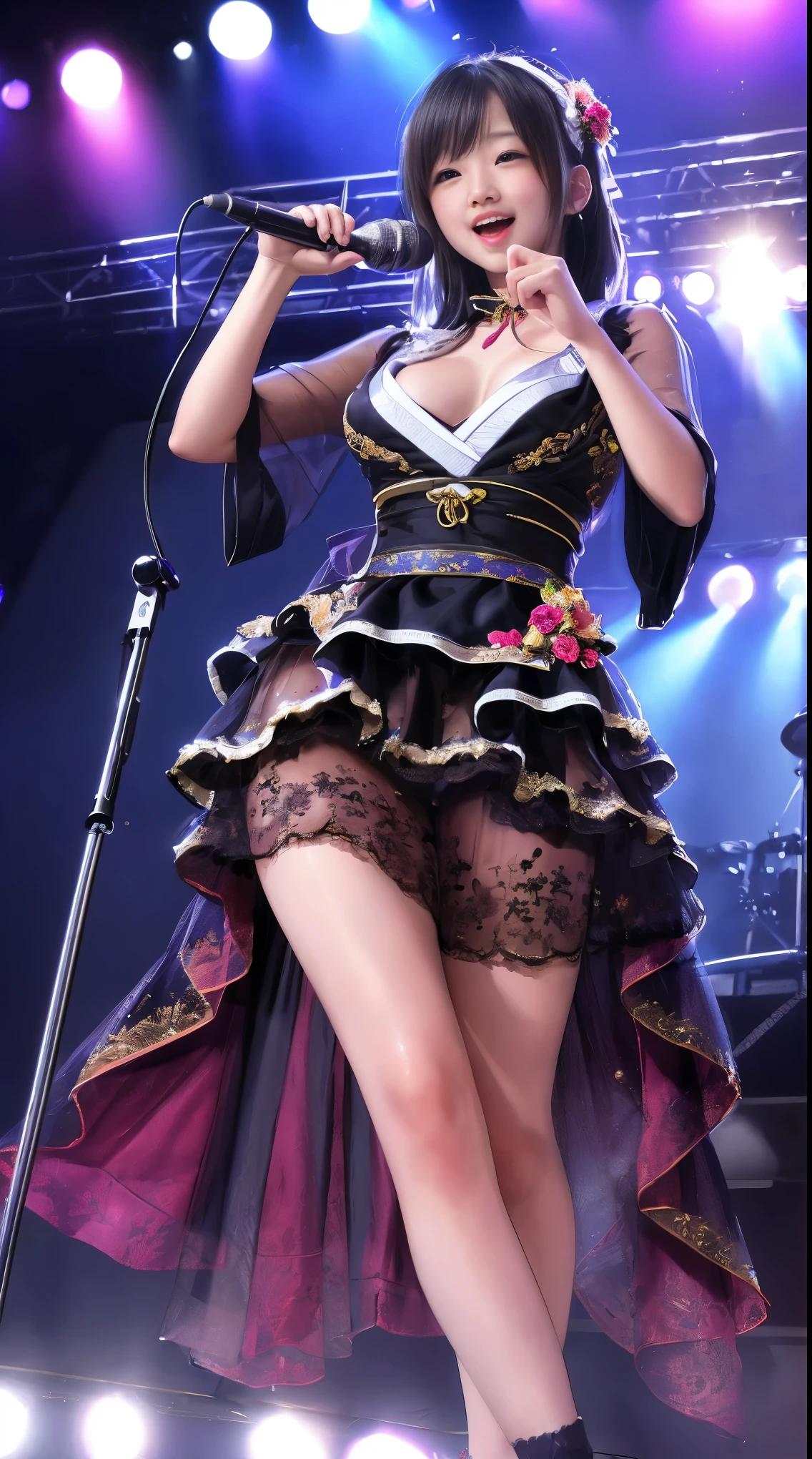 最high quality、high quality、best image quality、8k、最High resolution、High resolution、最high quality、masterpiece、RAW photo、whole body写真、Realistic human body in every detail、Realistic skin in every detail、Realistic face in every detail、Realistic eyes in every detail、Realistic lips in every detail、Realistic teeth in every detail、Realistic ears down to the last detail、Realistic hair down to the last detail、Realistic arms down to the last detail、Realistic reproduction of every detail、Realistic fingers in every detail、(fine hands、thumb１reference４)、Realistic feet in every detail、((beautiful japanese girl))、(japanese model)、((18 year old beautiful girl))、(black hair)、(straight hair)、((whole body))、((Upward beautiful breasts、Medium chest))、(slim style、slender style)、(whole body光沢肌、Fair skin)、Detailed and realistic human body、detailed realistic skin、detailed realistic face、detailed realistic arms、detailed realistic fingers、Detailed realistic feet、professional lighting、big stage venue、large concert venue、on stage、Idol、singer、((transparent see-through(Costumes with frills))、((on stage(microphone１sing enthusiastically using))、angle from below、(Lots of galleries、large audience)