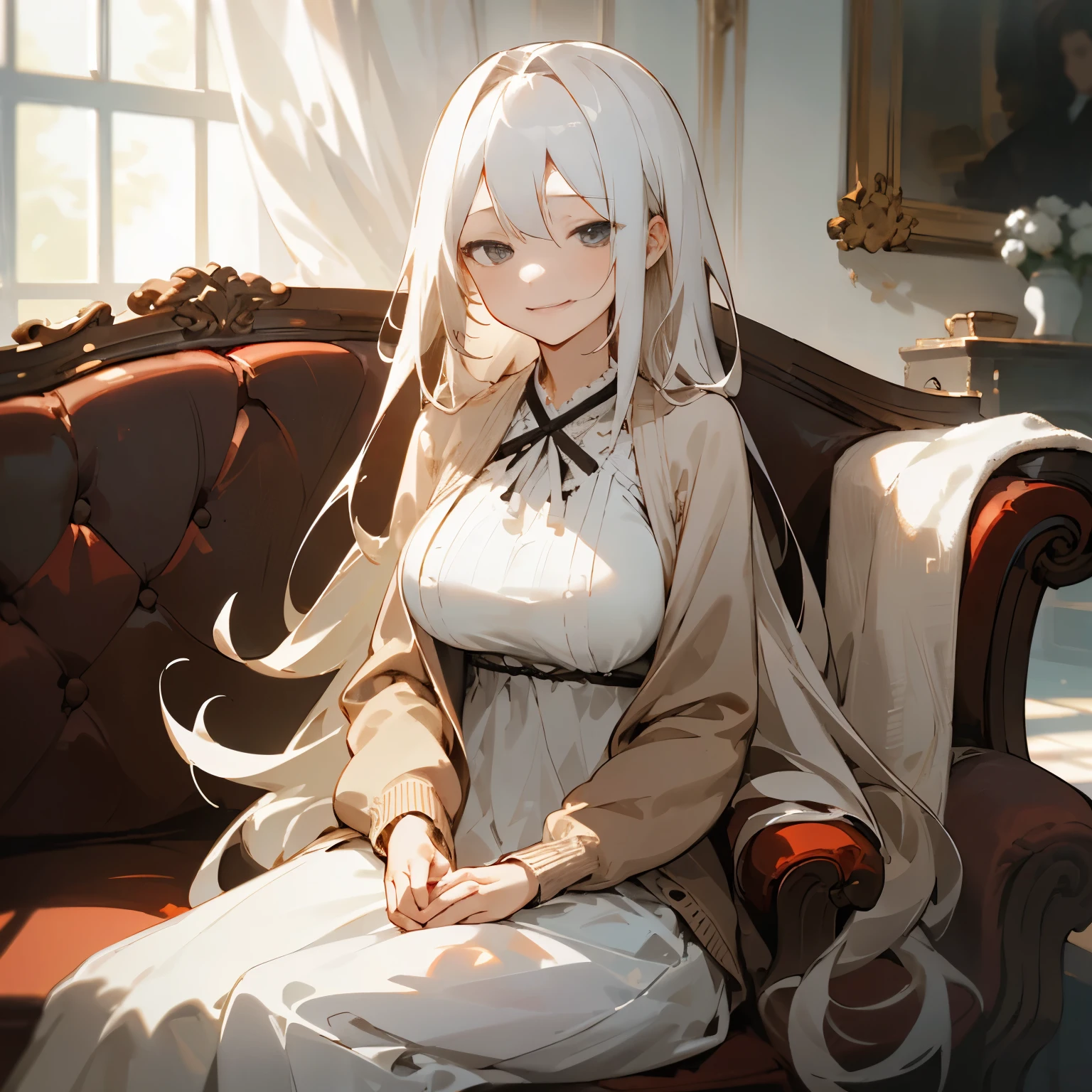 (masterpiece、top-quality)、Hair with a short neckline、big breast , 1 girl with long white hair、brown cardigan, white brown dress、Smirk、grey eyes、Warm lighting、sitting on a sofa formally, Blurred white foreground、
