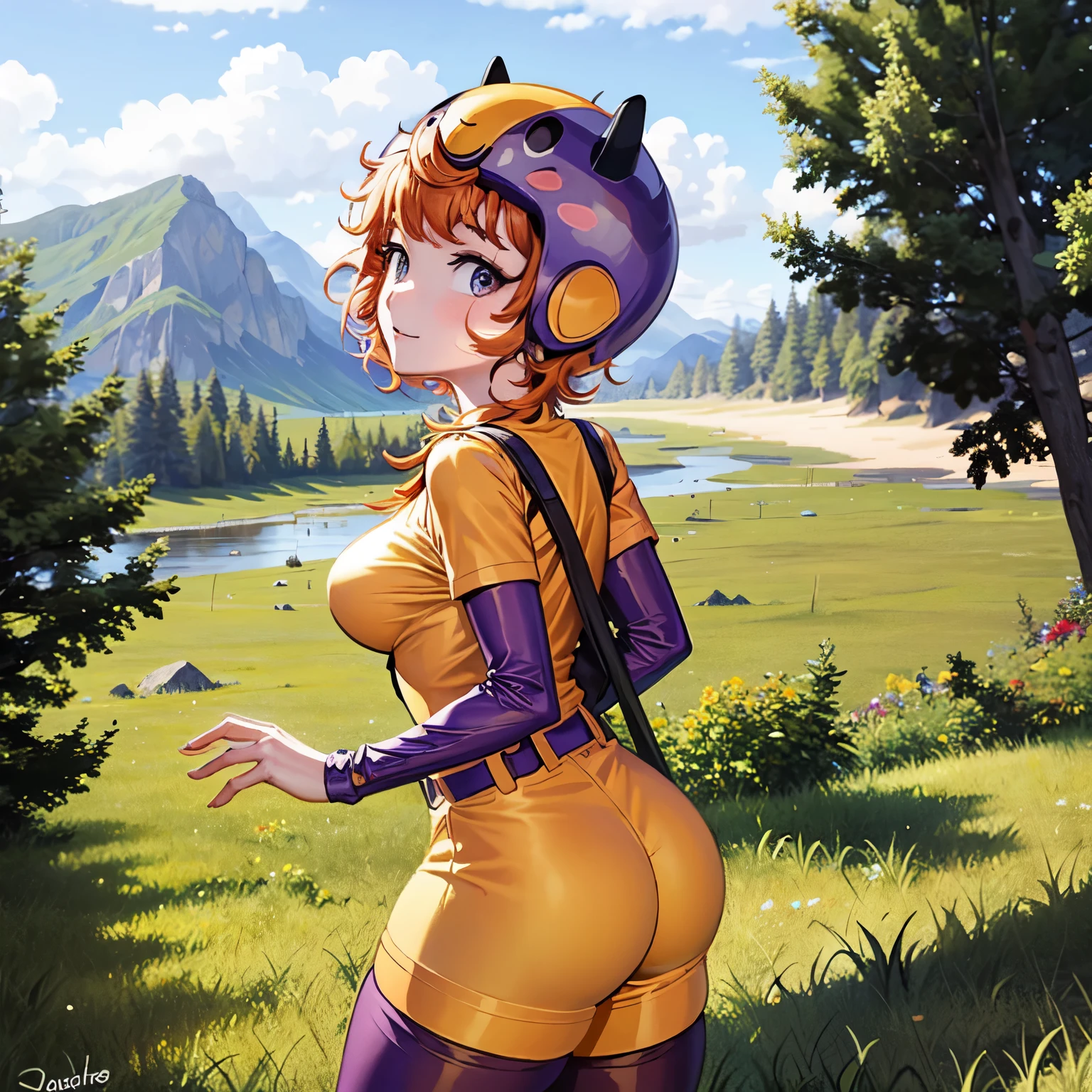 Masterpiece, high quality, happy, 1girl, orange hair, short hair, curly hair, freckles, helmet, bodysuit, yellow shirt, short sleeves, long sleeves, belt, yellow booty shorts, (((purple thighhighs))), sexy body, gorgeous body, beautiful, beautiful legs, (((solo))), (((1girl))), (((from behind))), (((good anatomy)))