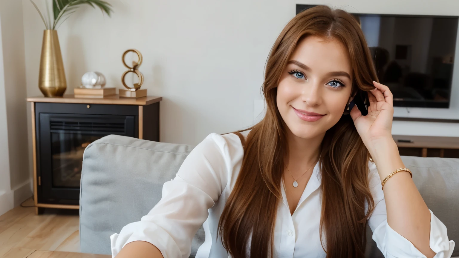 a cute happy, luxury ,on table, business woman , winking, long thick brown hair, fluffy , blue ocean eyes girl, American girl ;, in a bright living room , youtuber ambiance, influencer.selfie ,of a cute happy, businessgirl, winking, redhead , brown honey eyes girl, american girl ;, in a bright living room , youtuber ambiance, influencer.