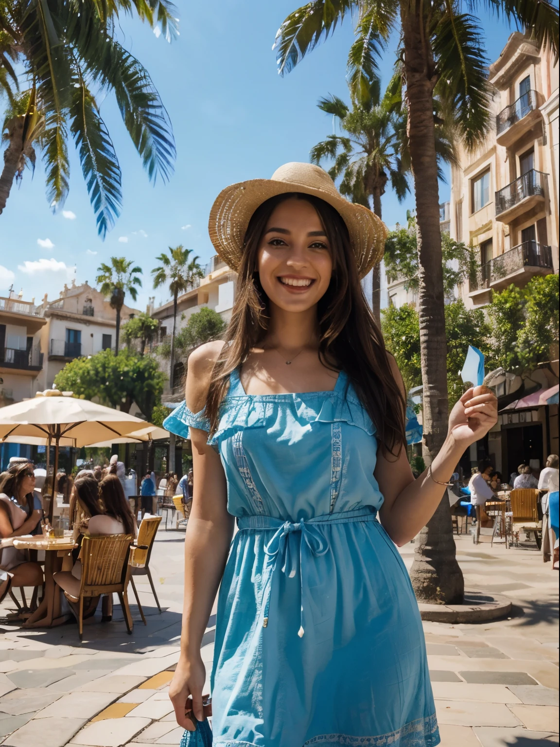 (best quality,highres,ultra-detailed:1.2), HDR, vivid colors, beautiful girl, Barcelona square, lively atmosphere, charming architecture, colorful flowers, happy people, stunning view, cozy cafe, outdoor dining, sunny weather, elegant dress, stylish hat, joyful expression, long flowing hair, vibrant street performers, bustling crowd, street musicians, mouthwatering food stands, historical landmarks, mosaic pavement, decorative fountains, palm trees, blue sky, warm sunshine, laughter and laughter, carefree moments