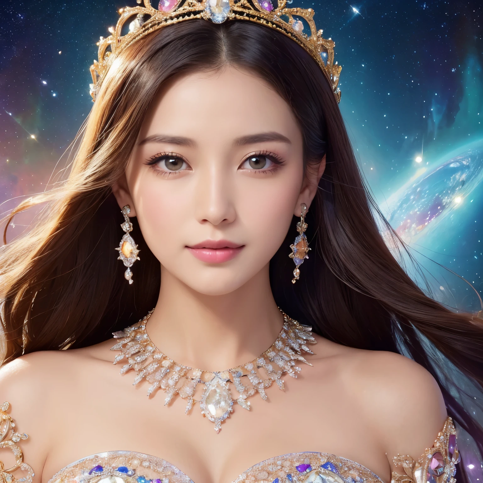 ((highest quality、table top、8k、best image quality、extremely complex and detailed depiction))、(one of the most beautiful princesses:1.1)、big and full breasts、radiant beautiful skin、look at me with the best smile、(The most fantastic and shining universe&#39;The finest dresses:1.2)、(The most fantastically shining galaxy dress:1.2)、beautiful and elegant decoration、Diamond decoration、The most luxurious and highest quality giant tiara、The most luxurious and highest quality giant necklace、artistic decoration、finest jewelry decoration、the most luxurious decoration in the world、The most fantastic and mysterious galaxy background、shining galaxy starry sky、the most mysterious cosmic glow、accurate anatomy、(close up of face:1.3)