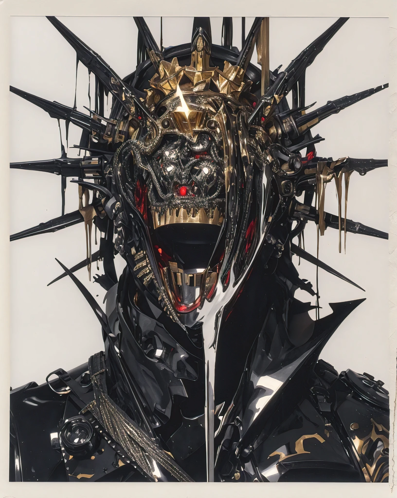 vintage Polaroid photo, daft punk satan saint, hyper realistic postage stamp details, a saint-like alien worshipper with molten skin screaming in surprise, face is melting, satan bot, cybernetic implants and limbs, wearing a golden crown with ruby gems, wearing a new torn fashionable runway outfit made out of old latex material, the body is connected to multiple x-ray bodies, demonic inscriptions on the walls, dark art, cybernetic god worship