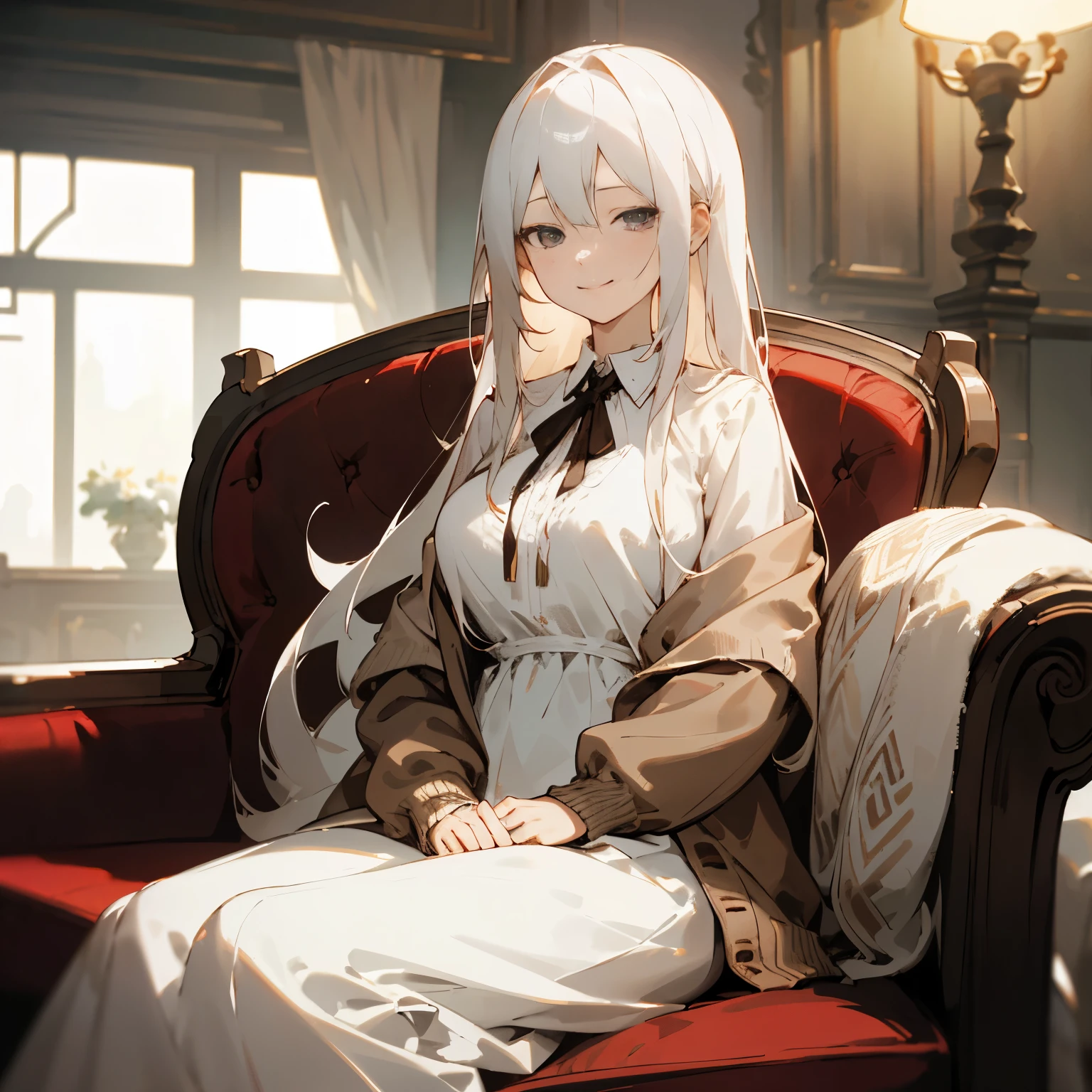 (​masterpiece、top-quality)、Hair with a short neckline、big breast , 1 girl with long white hair、brown cardigan, white brown dress、Smirk、grey  eyes、Warm lighting、sitting on a sofa formally, Blurred white foreground、