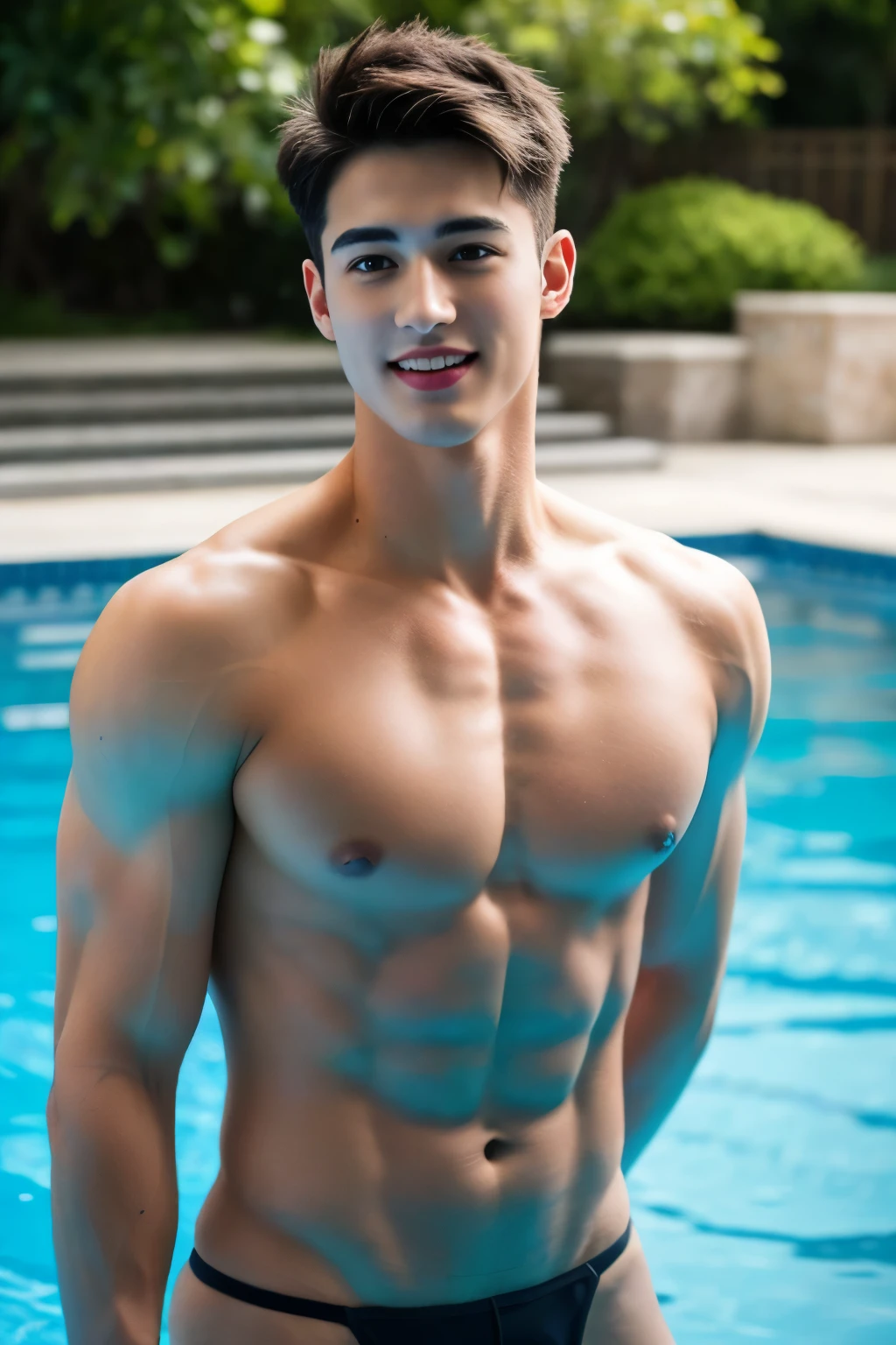 (RAW photo, Best quality), (Realistic man, photo-realistic:1.3), tmasterpiece, Young men，Swimmer，standing on your feet，of a shirtless，Exposing the pectoral muscles，Expose abs，Expose calves，Very masculine and masculine, The is very detailed, CG, Unity , 2k wallpaper, Amazing, finedetail, Extremely detailed CG Grand Unity 8K wallpaper, hugefilesize , ultra - detailed, A high resolution, absurderes, the soft light, Pietro Boselli people, White skin of the, Detailed fingers, extremely detailed eyes ancface, Beautiful detailed nose, 美丽细致的眼睛, looking at viewert, (1人, Handsome face),Super short hair，photorealiscic face，Realistic figure，with short black hair，Stretched posture，skin-tight black micro thong，Large bulge at the crotch，Rejoice，cheerfulness，Be red in the face，exhilarated，having fun，cheerful big breasts，lots of plants，In the pool，water bloom，Depth of field blur，The background is blurred with a large aperture