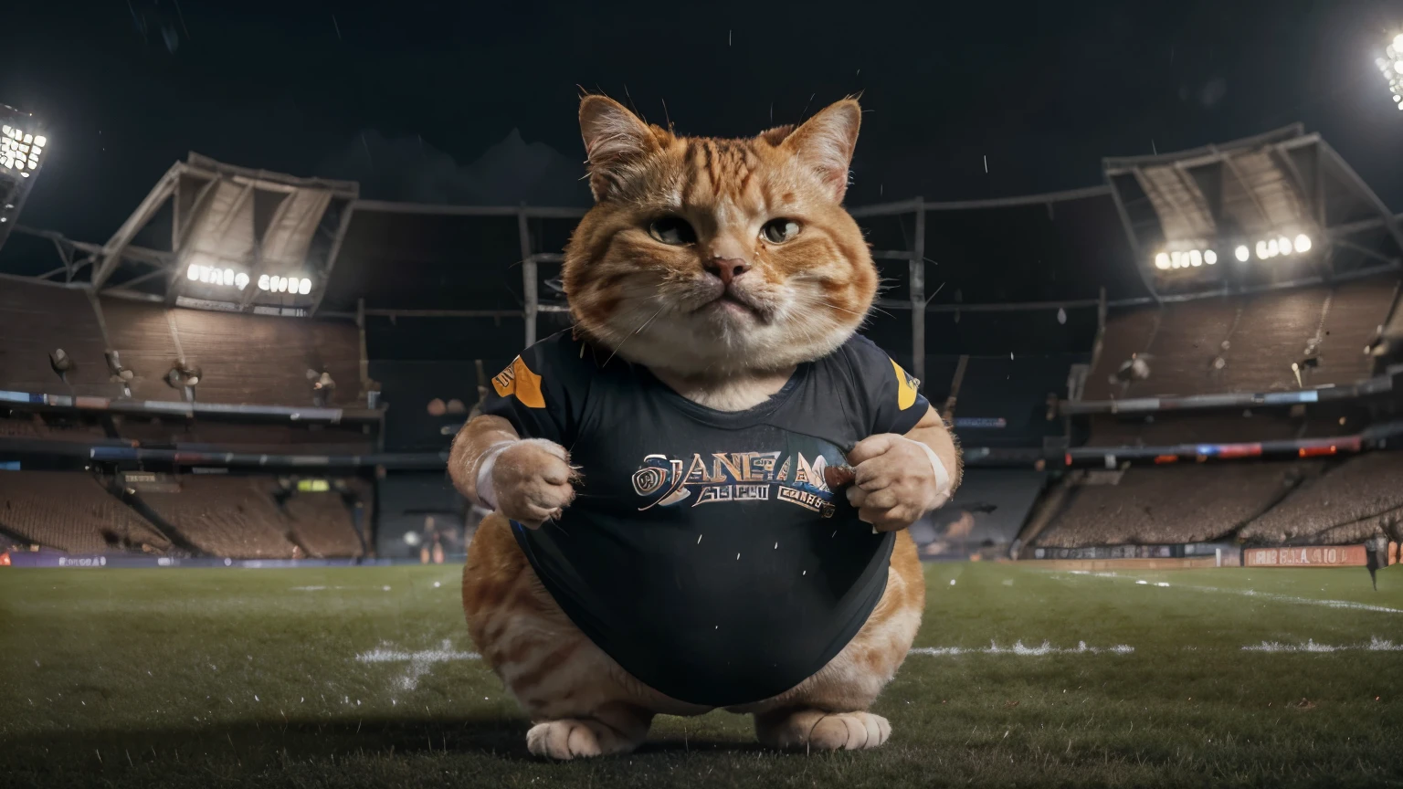 at the stadium, crying fat cat, orange, fat, People are pointing fingers, depth of field, disney style, DARK_Glam, wearing DRK_Glam, deep shadow, (dark: 1.4), (8k, RAW photo, best quality, masterpiece: 1.2), with big eyes sad with , rain, sadness, suffering, With the American ball losing, Cat In sportswear like CAT an American football player.