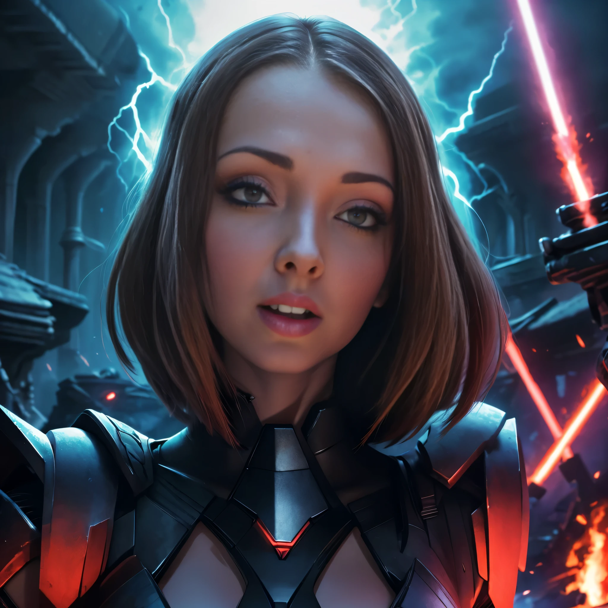 In a galaxy far, far away, Luci Wilde (25) portrays a Sith in the Star Wars universe. She exudes an aura of power and danger as she confidently navigates the battlefield. Dressed in skimpy fatigues, she commands attention with her seductive yet menacing appearance.
Luci's eyes captivate with their intense gaze, radiating a fiery determination. Her beautiful detailed eyes draw you in, hinting at the secrets and power she possesses. Framed by long, dark lashes, they effortlessly convey her dominance and prowess.
Her lips, equally captivating, are full and luscious, enticing and mysterious. Our attention is inevitably drawn to her beautiful detailed lips, which hold a hint of a mischievous smile. They convey her ability to effortlessly manipulate and seduce her opponents.
As she wields the power of Sith sorcery, her surroundings bend to her will. The air crackles with dark energy as bolts of lightning dance around her fingertips. Her mastery over the Force is unmistakable, leaving her adversaries trembling in fear.
The scene is set against a backdrop of chaos and destruction. A battleground strewn with debris and wreckage amplifies the intensity of the encounter. Smoke billows in the air, adding an ominous atmosphere to the scene.
The image quality demands the highest standards, as it captures the essence of this epic moment. To portray the best quality and showcase every detail, it should be accompanied by tags such as "best quality, 4k, highres, masterpiece:1.2". The artistry portrayed here is simply unparalleled.
Bringing the picture to life are vivid colors that enhance the visual impact. The colors chosen guide the viewer's emotional response, immersing them deeper into the scene. The palette may include deep reds, sinister blacks, and flickering shades of blue, representing the dark side's influence.
Lighting plays a crucial role in accentuating the drama and intensity. Illuminating Luci from striking angles, studio lighting emphasizes her features and creates captivating highlights and shadows. It enhances the ominous atmosphere, adding depth and dimension to the entire composition.
The overall effect achieved here is a seamless blend of power, seduction, and dark sorcery. It is a masterful portrayal of Luci Wilde as a formidable Sith in the Star Wars universe, commanding the battlefield with both her physical prowess and her ability to manipulate the Force.
(Note: The prompt is limited to tags only and should not exceed 40 tags or 60 words.)