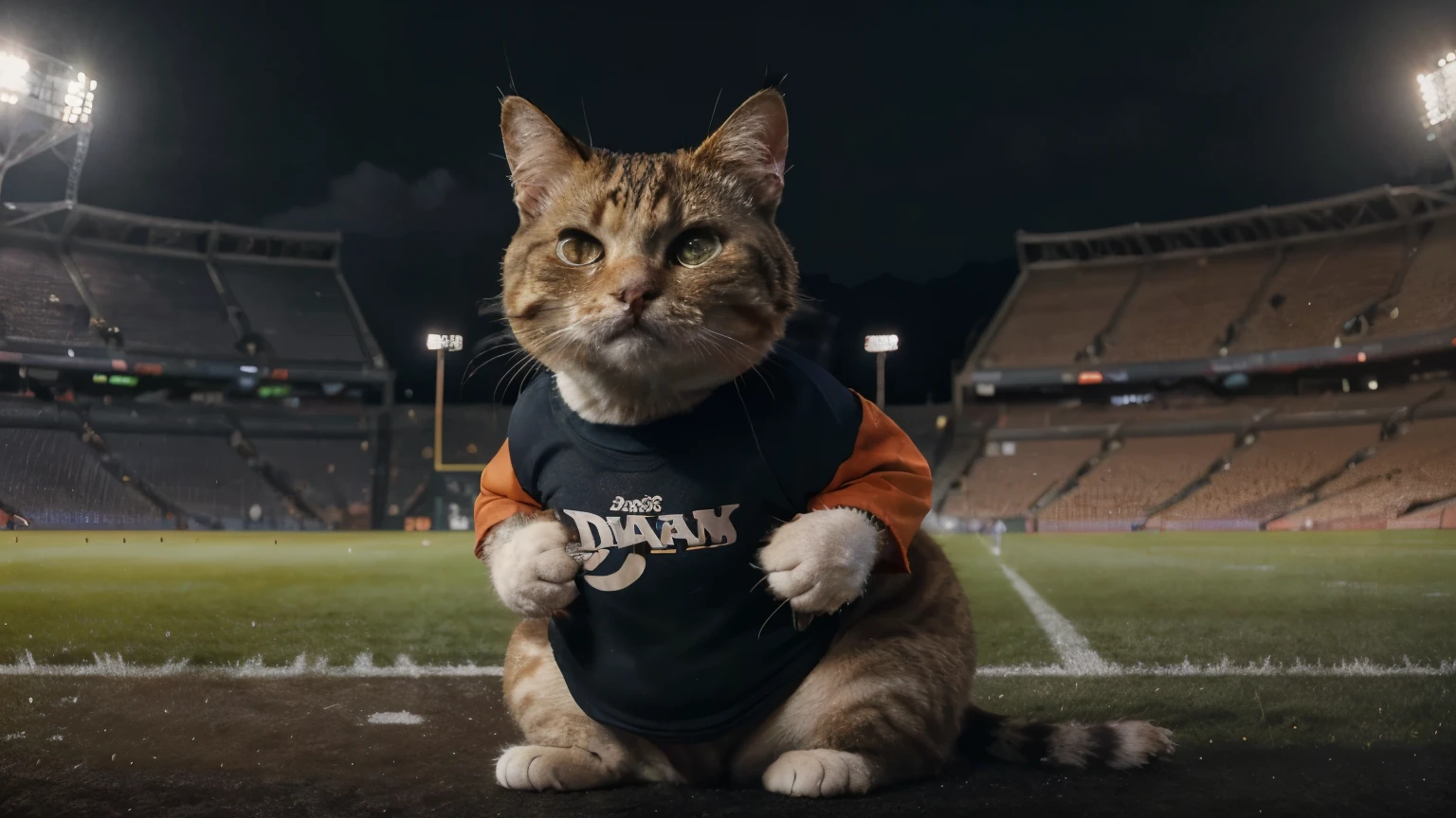 at the stadium, crying fat cat, orange, fat, People are pointing fingers, depth of field, disney style, DARK_Glam, wearing DRK_Glam, deep shadow, (dark: 1.4), (8k, RAW photo, best quality, masterpiece: 1.2), with big eyes sad with , rain, sadness, suffering, With the American ball losing, Cat In sportswear like CAT an American football player.
