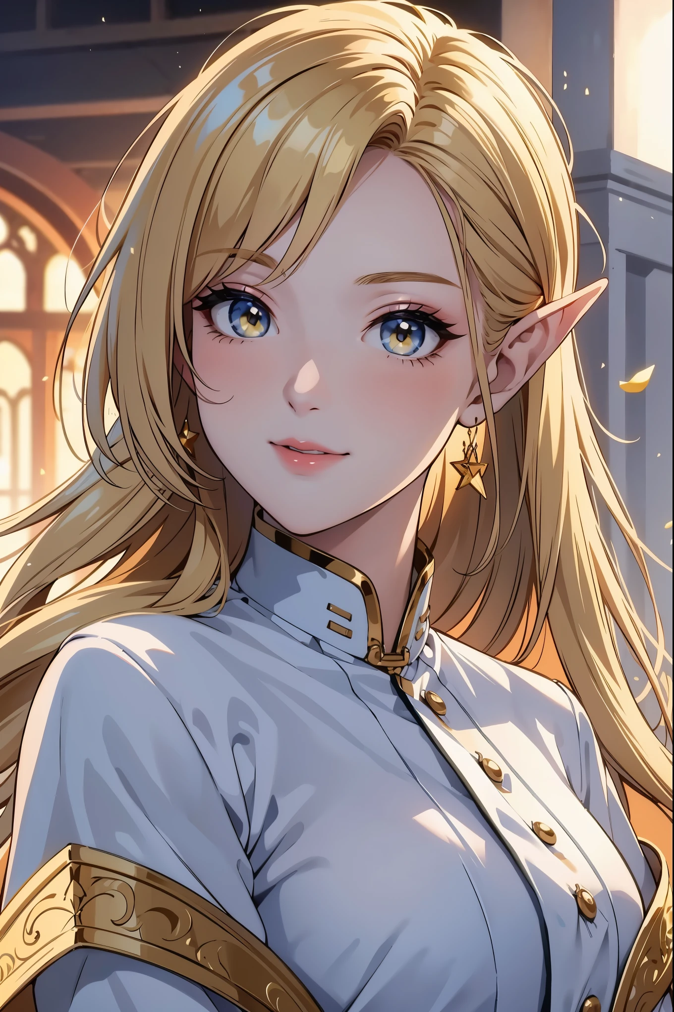 Masterpiece, Ultra High quality, 4k resolution, closeup portrait. Gorgeous perfect face, elf, blonde hair, (bright yellow parkling eyes:1.4), sweet and kind face, plump luscious lips, cute nose, slight smile, magical appearance:1.2 