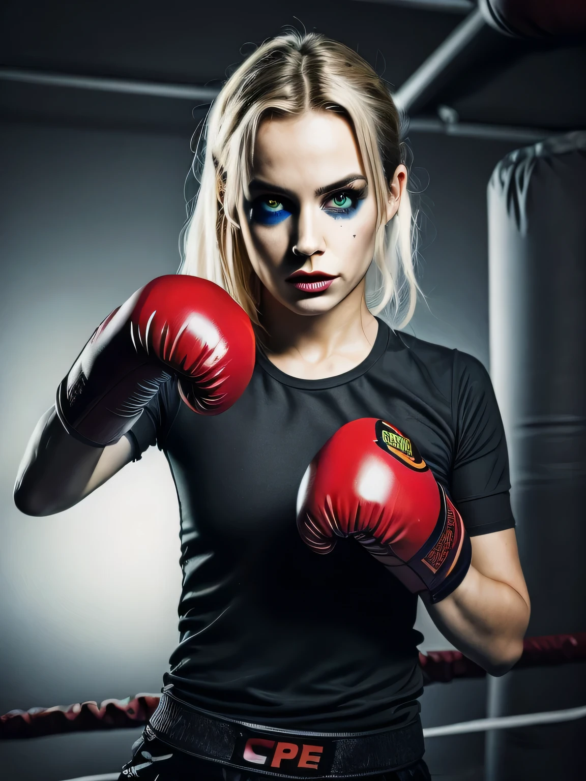 Retrato de Margot Robbie (with red and blue suicide squad makeup) linda de 25 anos brava, nervosa, bad girl, it teeerious, malvada, brava, irritada, cara de mau, bela brasileira, in fighting position, boxing gloves on hands, hands at chin height, she stretches her hand high, bunda grande perfeita, nua, coxas grossas e fortes, with braided hair beautiful eyes, olhos azuis brilhantes,  pele extremamente detalhada, pele com ferimentos, bota de salto alto brilhante, calcinha transparente, usando top curta brilhante, em sala fechada, Parede com ladrilhos de metal preto, (discoteca escura, luz escura e mal-humorada: 1.2), (foto de corpo inteiro).