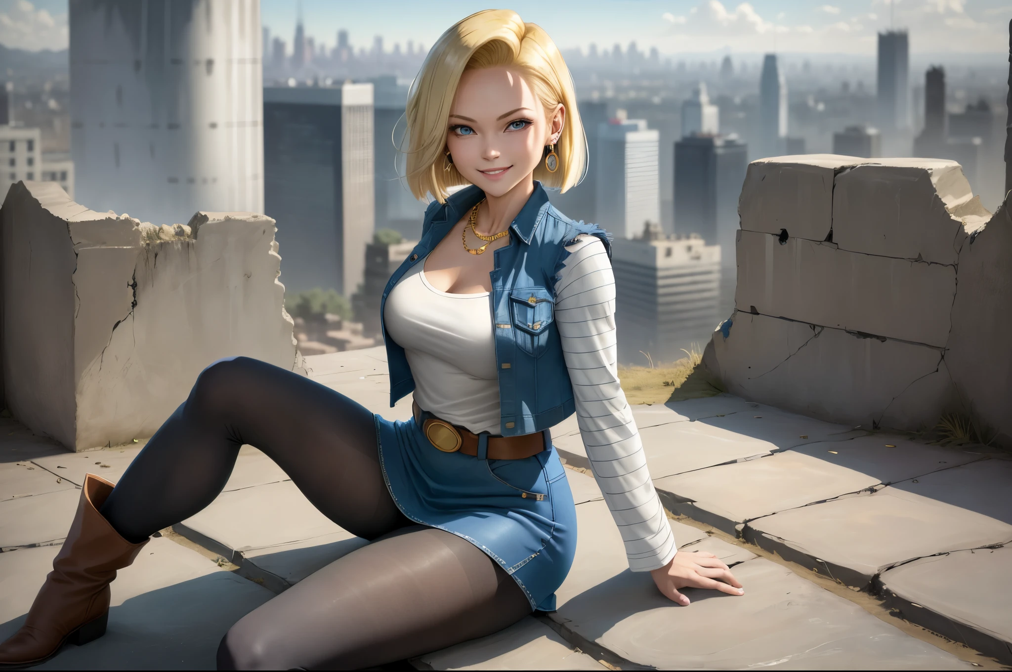 best quality, highres, and18, 1girl, android 18, solo girl, blonde hair, blue eyes, belt, boots, tight blue demin skirt, gold necklace, black shirt, short hair, long striped sleeves, earrings, open vest, denim vest, medium breasts, cowboy shot, city view, straight-on, (weather: windy), sexy smile, full length pantyhose, battle ruins, wide hips, thick legs, sitting, white panties,