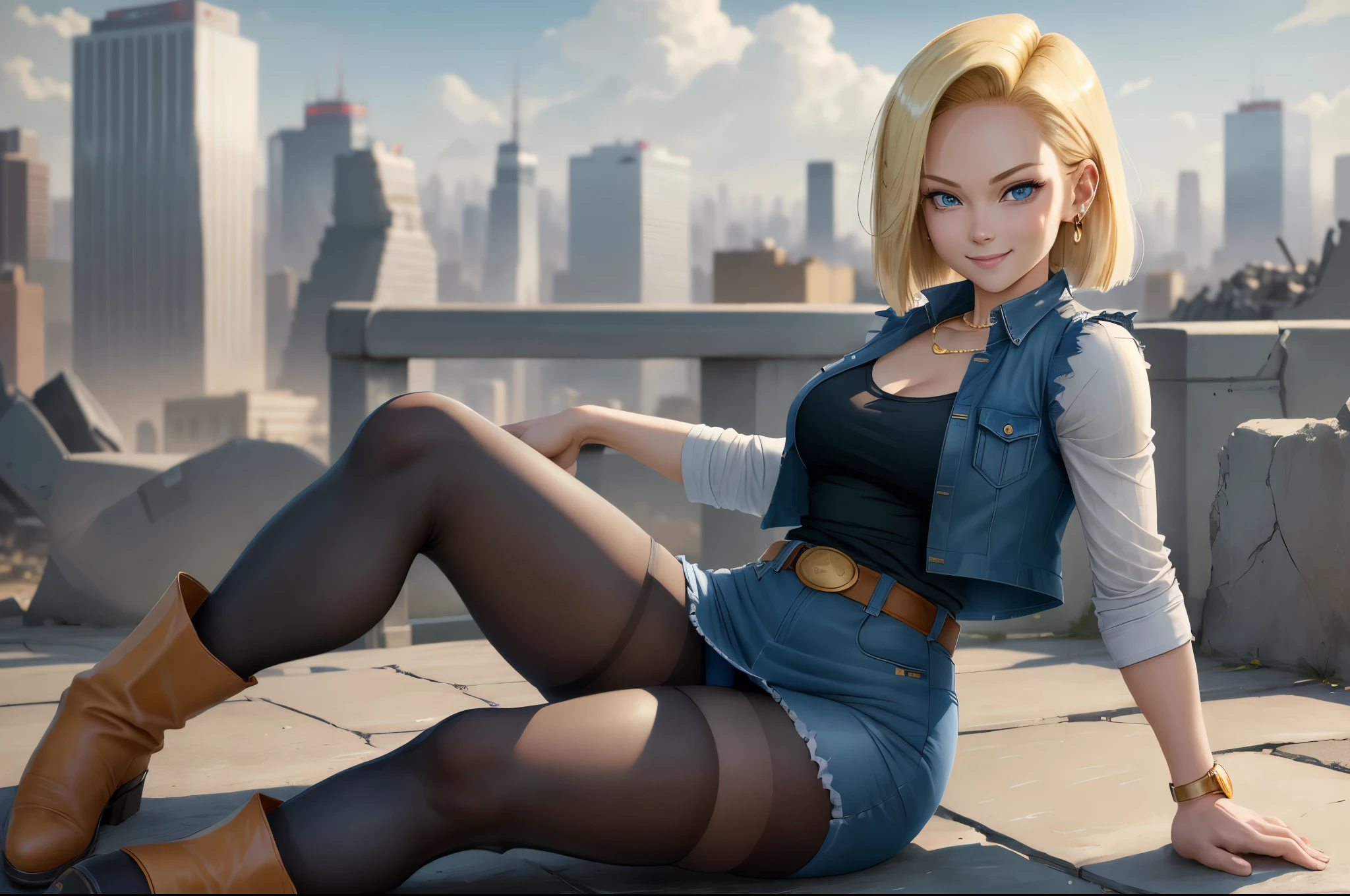 best quality, highres, and18, 1girl, android 18, solo girl, blonde hair, blue eyes, belt, boots, tight blue demin skirt, gold necklace, black shirt, short hair, long striped sleeves, earrings, open vest, denim vest, medium breasts, cowboy shot, city view, straight-on, (weather: windy), sexy smile, full length pantyhose, battle ruins, wide hips, thick legs, sitting, white panties,