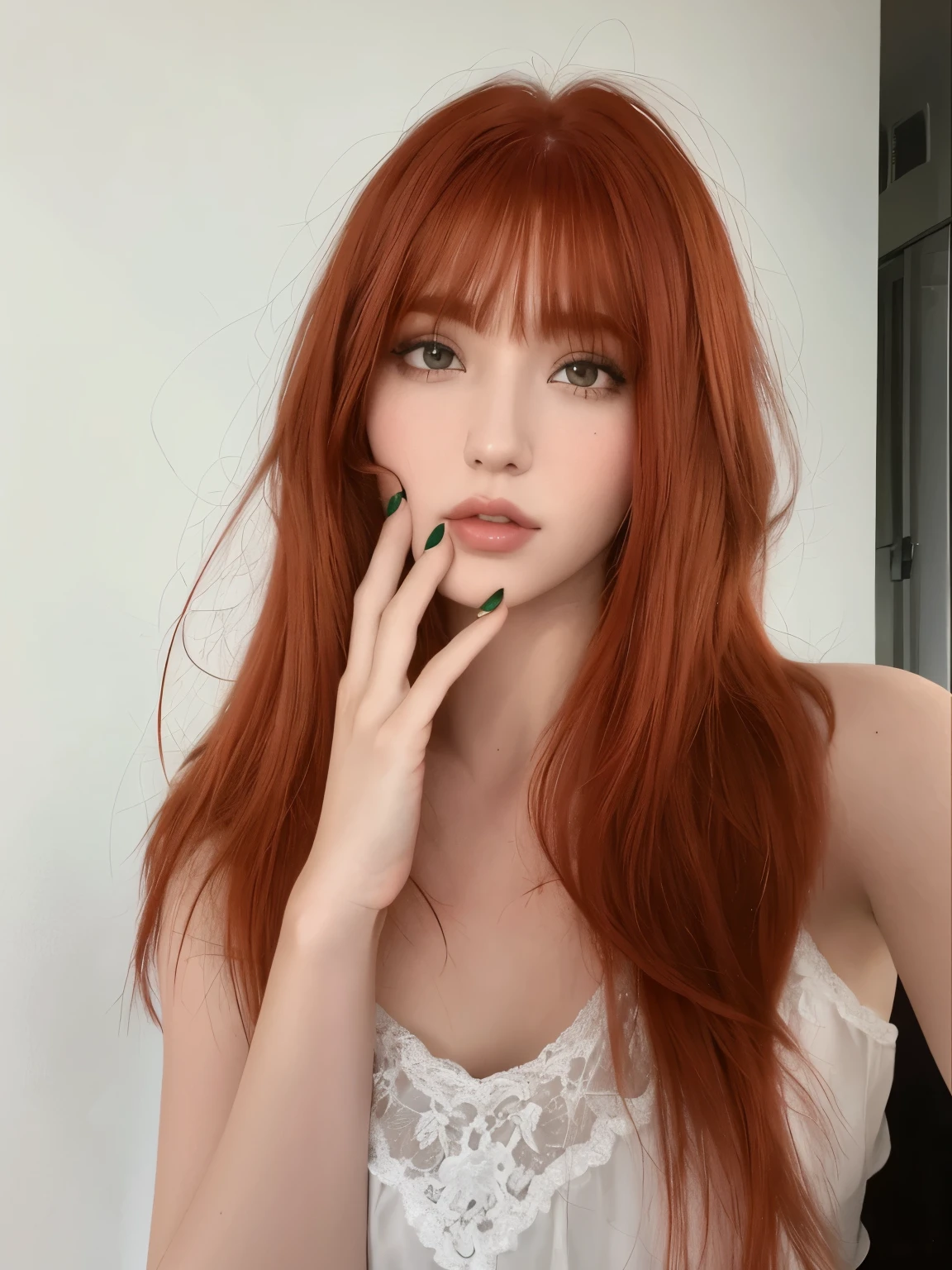 Redhead woman with long red hair talking on a cell phone, long hair con flequillo, pelo rojo y rasgos atractivos, pelo rojo largo y brillante, pelo cobrizo, con flequillo, chica pelirroja, neat hair con flequillo, pelo rojo suave, pelo de jengibre salvaje, pelo largo con flequillo completo, pelo largo de jengibre, pelo rojo largo y peludo, cabello pelirrojo suelto, cabeza roja