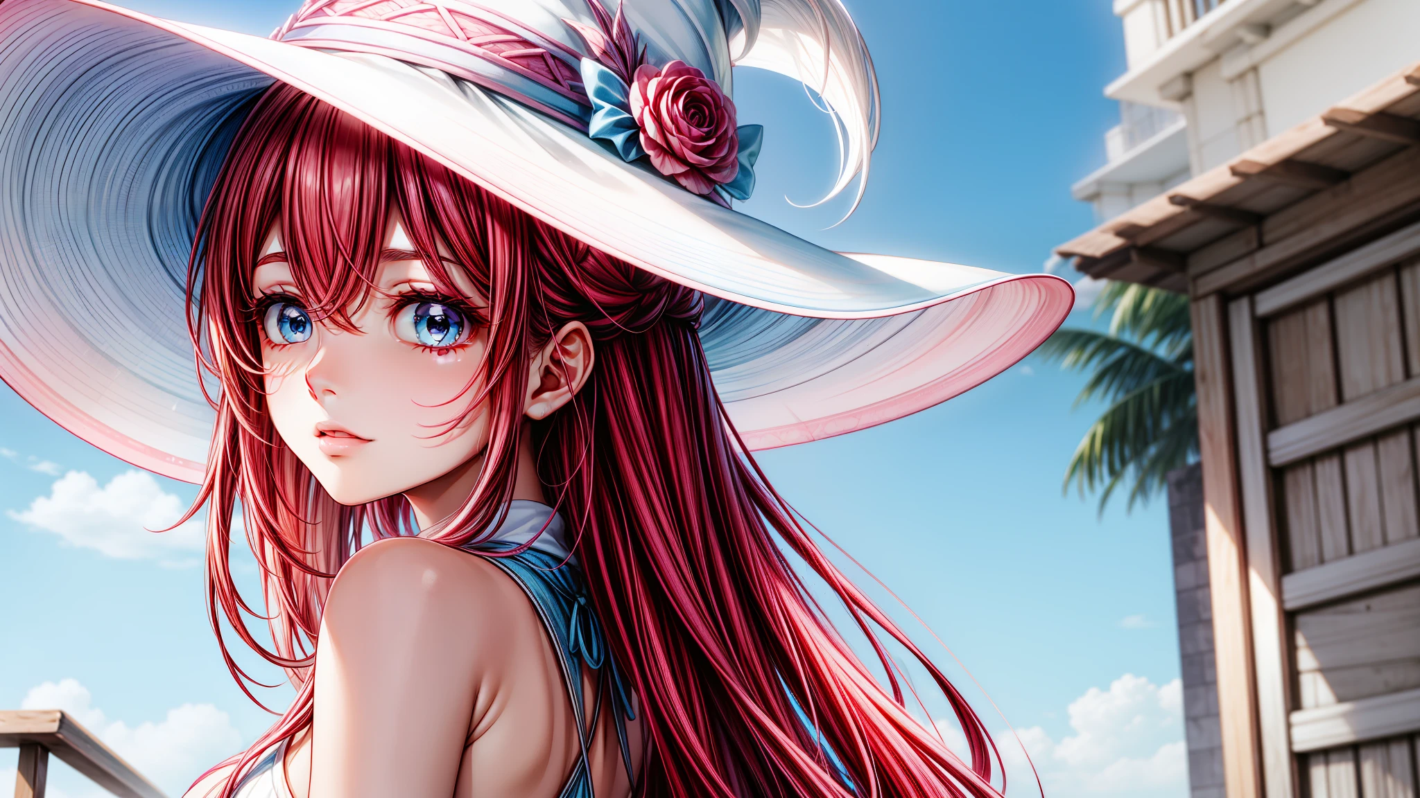 cabello de color rosa claro,Polvo-blue pupils,Light Sky Blue Magic Hat,Polvo, ropa azul y blanca,Chica dulce hermosa e impecable