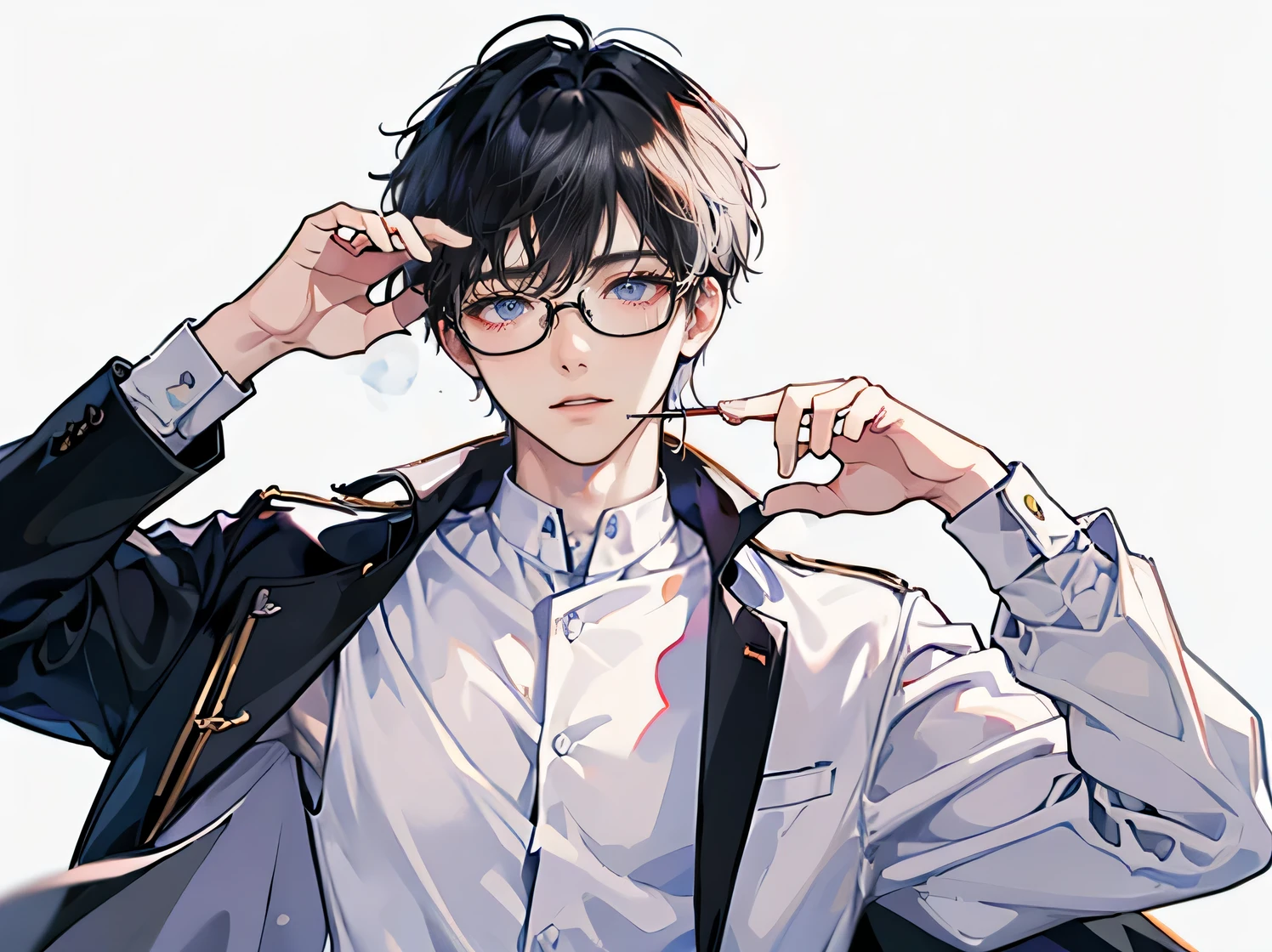 1 boy, Face focus, adult, white shirt, underwear, Highest quality, Adopt, detailed face, Detailed background, nighttime, depth of field, Bokeh, to death, glasses, black hair, white background, best quality