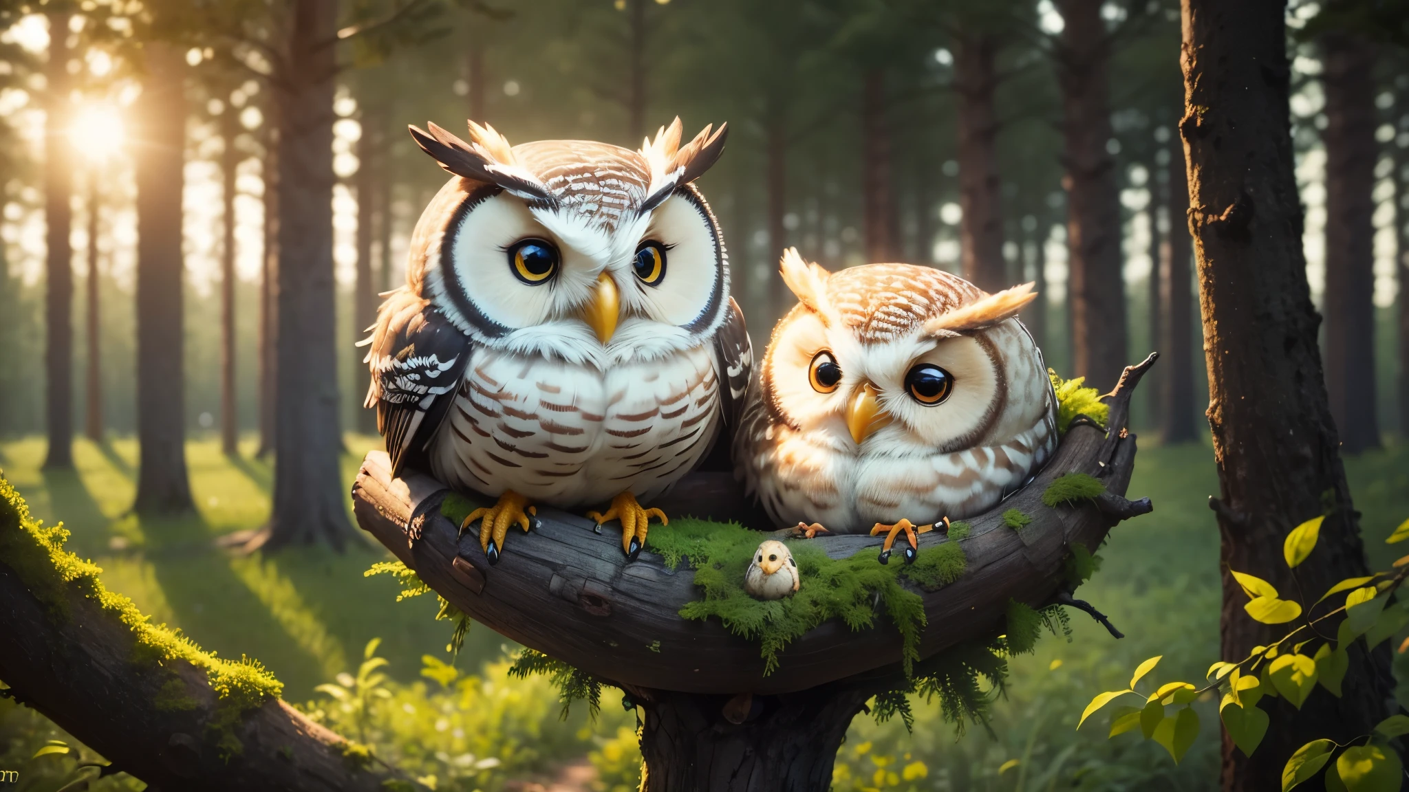Cute animation scene of a starry night in the forest featuring the sleepy eyes of a cute owl snuggling its cute little chicks in the nest on top of a tree, the cutest scene you can get. animation of owl and cute little chicks on a tree during a night with a full moon and shining stars. Very high resolution, alta qualidade, 10, (foto hiper-realista: 1.2), fotos, 3D rendering, Bokeh, Nikon, RTX 4090, masterpiece, blur effect