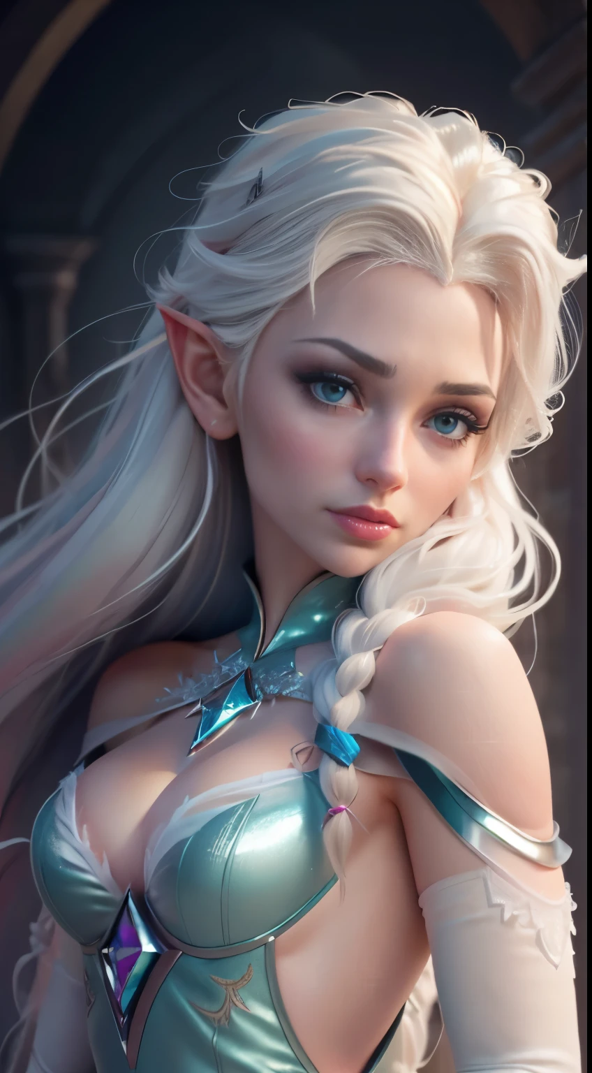 Elfgirl (rose quartz SU-Elsa frozen Disney  mezclando modelos .) (ultra FUSIÓN de cabello blanco y rosado) Highly detailed CG unity 8k wallpaper, style shot, complex, high detail, dramatic, highest quality movie still image, very detailed, masterpiece, best quality, character design, Elsa, Elsa from Frozen,Diamante Rosado fusión (( Dark style)), realistic ultra-detailed rendering style, natural light, sharp character design, (hard focus, 8k), (((natural skin texture))), 8k textures, soft cinematic lighting, adobe lightroom, dark room, hdr, Sophisticated, Elegant, Rich Detail, Sharp Focuilm Look) )), Soothing Tones, Detail Frenzy, Intricate Detail, Super Detail, Low Contrast, Soft Film Lighting, Dull Colors, Exposure Blending, HDR, Fade, 35mm, f/1.4, ISO64, f16, 25 sec.