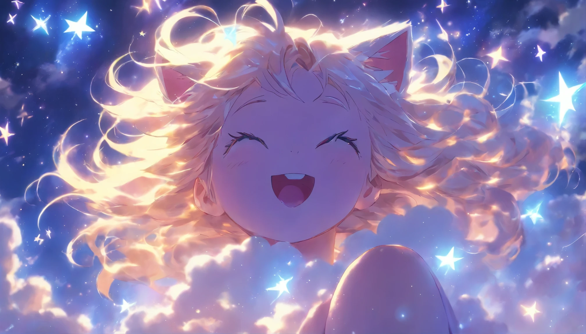 masterpiece, best quality, movie still, 1girl, longe hair, white hair, Long hair down to the waist, cat ears, yellow eyes, pijama, cloud girl, floating in the sky, close-up, bright, happy, starlight, nightsky, Moon,(sparks:0.7)