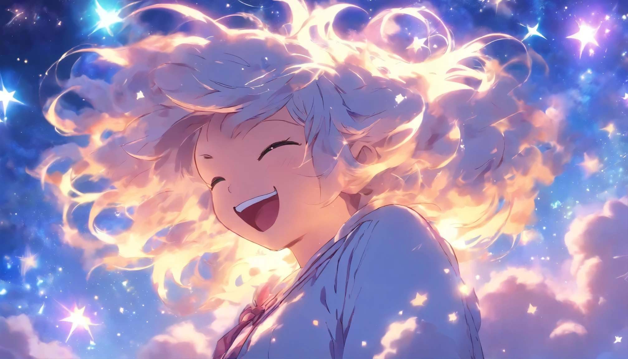 masterpiece, best quality, movie still, 1girl, longe hair, white hair, Long hair down to the waist, cat ears, yellow eyes, pijama, cloud girl, floating in the sky, close-up, bright, happy, starlight, nightsky, Moon,(sparks:0.7)
