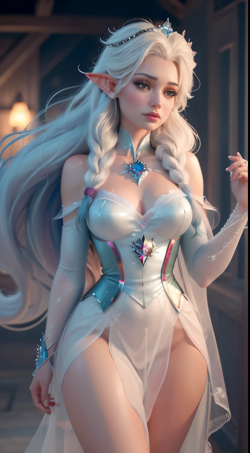 Elfgirl (rose quartz SU-Elsa frozen Disney mezclando modelos .) (ultra FUSIÓN de cabello blanco y rosado) Highly detailed CG unity 8k wallpaper, style shot, complex, high detail, dramatic, highest quality movie still image, very detailed, masterpiece, best quality, character design, Elsa, Elsa from Frozen,Diamante Rosado fusión (( Dark style)), realistic ultra-detailed rendering style, natural light, sharp character design, (hard focus, 8k), (((natural skin texture))), 8k textures, soft cinematic lighting, adobe lightroom, dark room, hdr, Sophisticated, Elegant, Rich Detail, Sharp Focuilm Look) )), Soothing Tones, Detail Frenzy, Intricate Detail, Super Detail, Low Contrast, Soft Film Lighting, Dull Colors, Exposure Blending, HDR, Fade, 35mm, f/1.4, ISO64, f16, 25 sec.