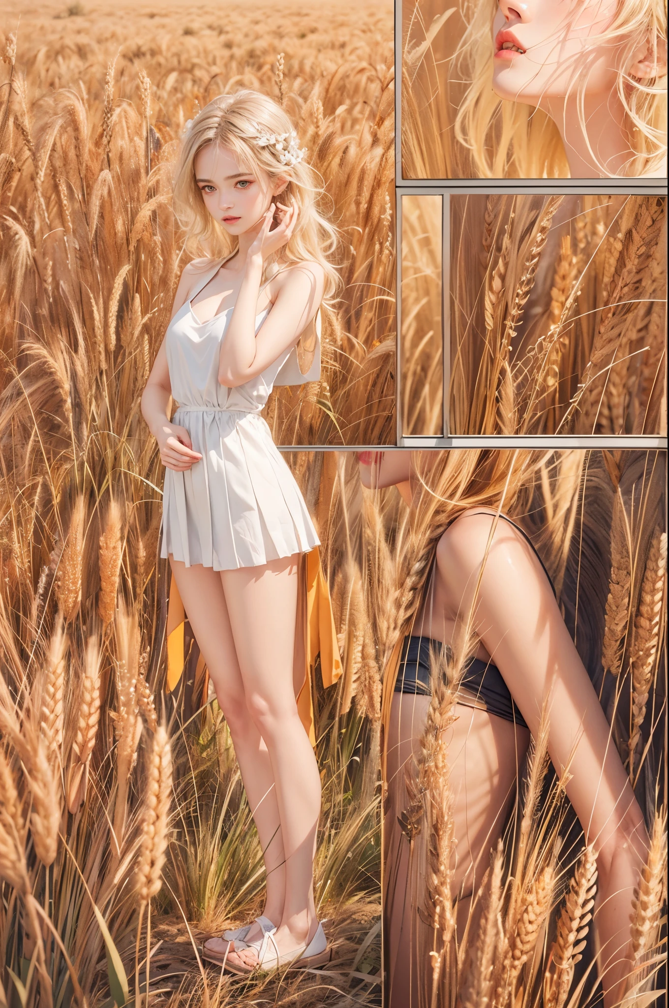 masterpiece, best quality, high quality, High definition, High quality texture, High quality shadow, high detail, beautiful detailed, finely detailed, extremely detailed cg, detailed texture, a realistic representation of the face, realistic, colorful, delicate, sharp focus, (intricate details, makeup, PureErosFace_V1:0.5), (detailed beautiful delicate face, detailed beautiful delicate eyes, a face of perfect proportion, high detailed skin, detailed skin, best ratio four finger and one thumb, skiny and thin:1.3), 1girl, 17 years old, tall, (smooth_abs:1.55), (abs:0.5), pretty, masterpiece, highres, (long_skinny_legs), (straight_legs), (skinny_waist), (((fair skin))), white skin, (((pale skin))), (Emma_watson), big_breast, (((Caucasian))), Light blonde hair, orange Bandeau, orange short pleated dress, standing legs apart, looking at viewer, full body, portrait of cute blonde girl, standing on a wheat field (((looking away))), bloom, orange fog, motion, wispy hair, realism, high-quality rendering, stunning art, high quality, film grain, Fujifilm XT3, dreamy