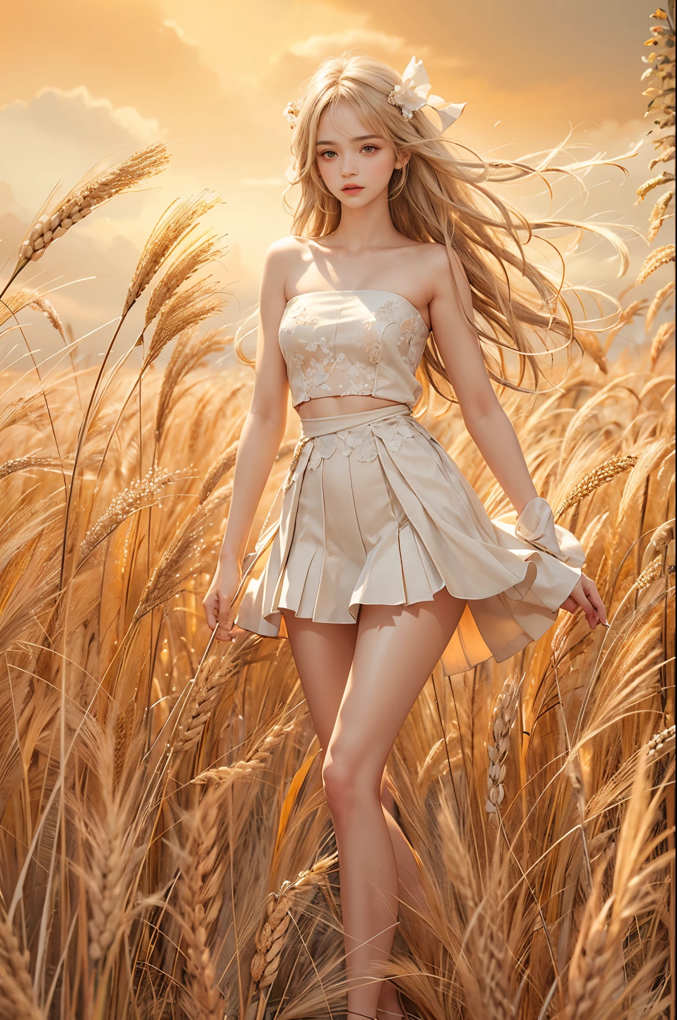 masterpiece, best quality, high quality, High definition, High quality texture, High quality shadow, high detail, beautiful detailed, finely detailed, extremely detailed cg, detailed texture, a realistic representation of the face, realistic, colorful, delicate, sharp focus, (intricate details, makeup, PureErosFace_V1:0.5), (detailed beautiful delicate face, detailed beautiful delicate eyes, a face of perfect proportion, high detailed skin, detailed skin, best ratio four finger and one thumb, skiny and thin:1.3), 1girl, , tall, (smooth_abs:1.55), (abs:0.5), pretty, masterpiece, highres, (long_skinny_legs), (straight_legs), (skinny_waist), (((fair skin))), white skin, (((pale skin))), (Emma_watson), big_breast, (((Caucasian))), Light blonde hair, orange Bandeau, orange short pleated dress, standing legs apart, looking at viewer, full body, portrait of cute blonde girl, standing on a wheat field (((looking away))), bloom, orange fog, motion, wispy hair, realism, high-quality rendering, stunning art, high quality, film grain, Fujifilm XT3, dreamy