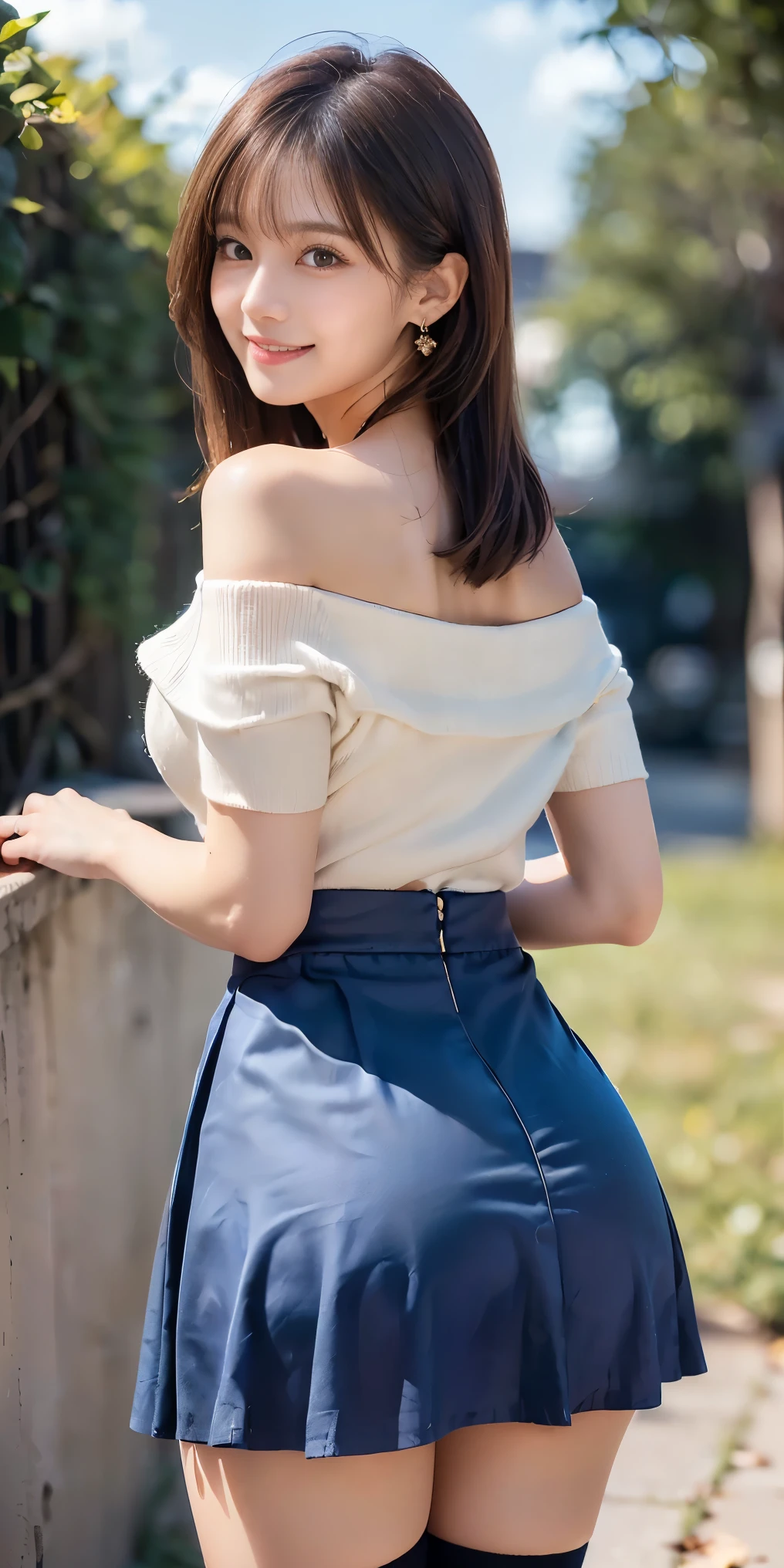 mix 4, (16K, Raw photo, best image quality, masterpiece: 1.45), (realistic, Photoreal: 1.37), one girl, photon mapping、beautiful japanese woman, 20-year-old, dark brown hair,straight hair,medium long hairstyle, With bangs,Beautiful well-groomed eyes、((double eyelid))、
(White off-shoulder knit)、(Navy blue denim miniskirt), black knee high socks、exposed thighs、cute smile、((Pose that emphasizes the buttocks、looked back))、((((The wind is blowing and my skirt is flipping up, Please expose your panties))))、(white lace panties)、cute earrings、(tilt your head a little)