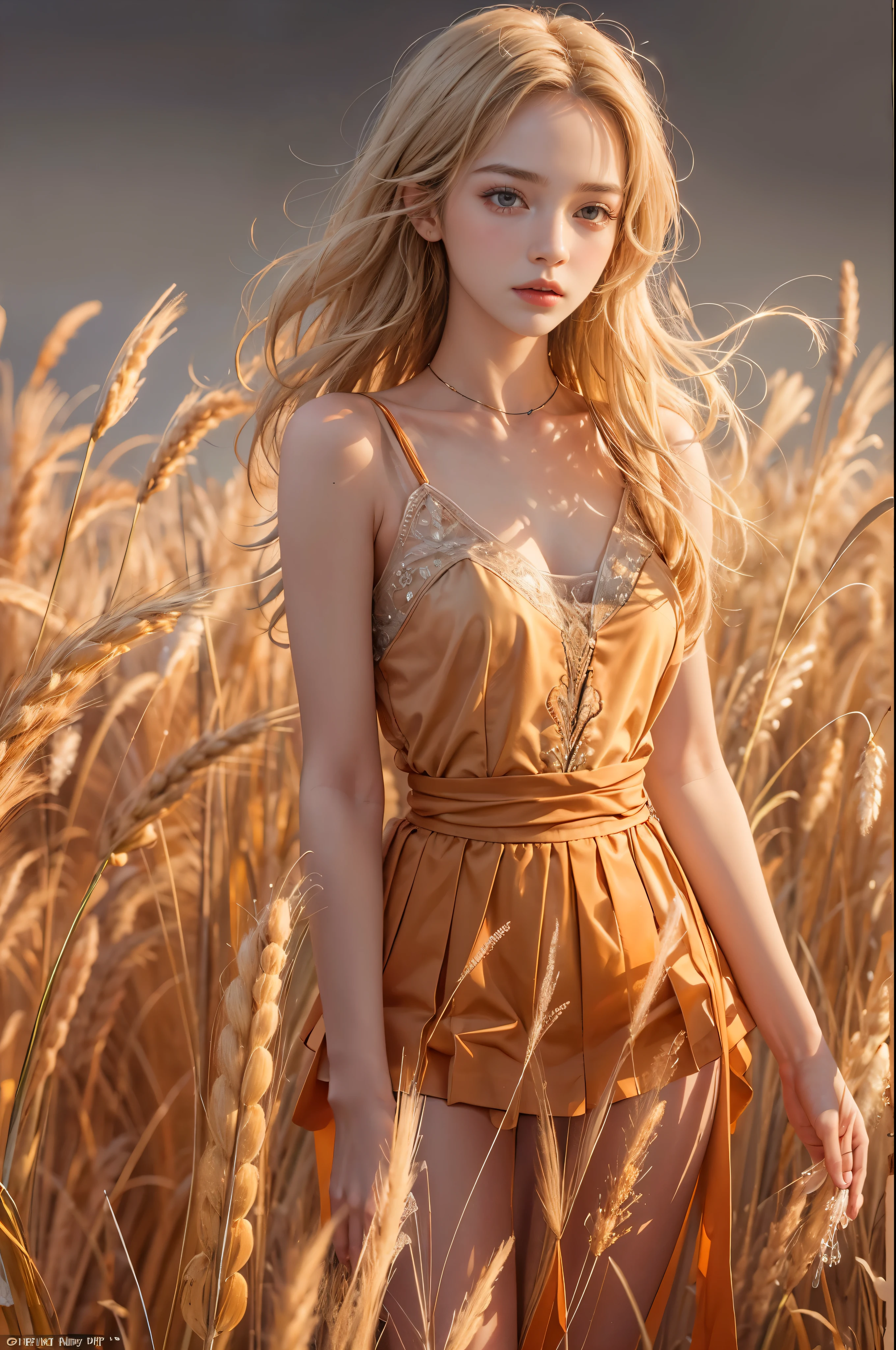 masterpiece, best quality, high quality, High definition, High quality texture, High quality shadow, high detail, beautiful detailed, finely detailed, extremely detailed cg, detailed texture, a realistic representation of the face, realistic, colorful, delicate, sharp focus, (intricate details, makeup, PureErosFace_V1:0.5), (detailed beautiful delicate face, detailed beautiful delicate eyes, a face of perfect proportion, high detailed skin, detailed skin, best ratio four finger and one thumb, skiny and thin:1.3), 1girl, 17 years old, tall, (smooth_abs:1.55), (abs:0.5), pretty, masterpiece, highres, (long_skinny_legs), (straight_legs), (skinny_waist), (((fair skin))), white skin, (((pale skin))), (Emma_watson), big_breast, (((Caucasian))), Light blonde hair, orange Bandeau, orange short pleated dress, standing legs apart, looking at viewer, full body, portrait of cute blonde girl, standing on a wheat field (((looking away))), bloom, orange fog, motion, wispy hair, realism, high-quality rendering, stunning art, high quality, film grain, Fujifilm XT3, dreamy