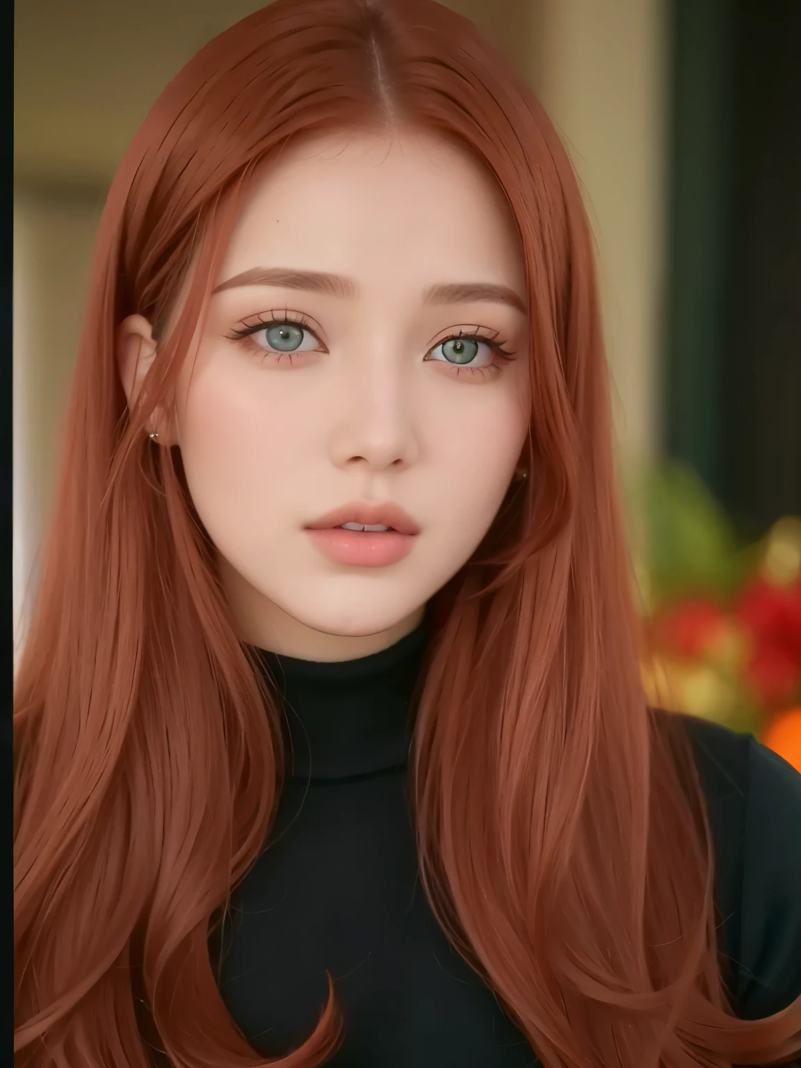 un primer plano de una mujer con largo cabello rojo y ojos azules, con pelo rojo y ojos verdes, pelo rojo y rasgos atractivos, ella tiene el pelo largo y renaranjado, natural soft pale skin, ella tiene el cabello rojo, pelo rojo largo y brillante, cabello pelirrojo suelto, pelo rojo suave, She has long orange-brown hair., pelo rojo claro, hada ellie bamber