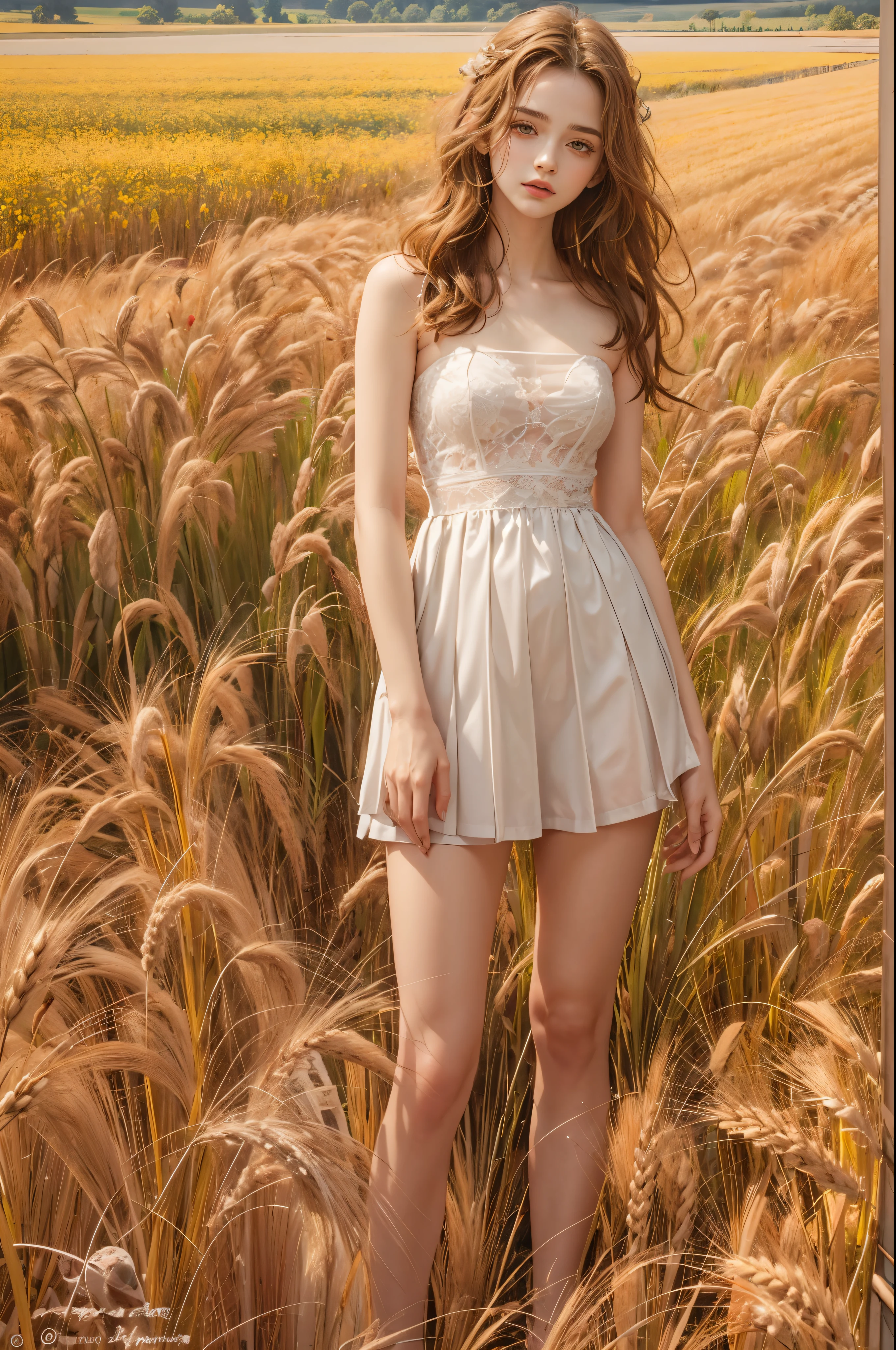 masterpiece, best quality, high quality, High definition, High quality texture, High quality shadow, high detail, beautiful detailed, finely detailed, extremely detailed cg, detailed texture, a realistic representation of the face, realistic, colorful, delicate, sharp focus, (intricate details, makeup, PureErosFace_V1:0.5), (detailed beautiful delicate face, detailed beautiful delicate eyes, a face of perfect proportion, high detailed skin, detailed skin, best ratio four finger and one thumb, skiny and thin:1.3), 1girl, , tall, (smooth_abs:1.55), (abs:0.5), pretty, masterpiece, highres, (long_skinny_legs), (straight_legs), (skinny_waist), (((fair skin))), white skin, (((pale skin))), (Emma_watson), big_breast, (((Caucasian))), Light blonde hair, orange Bandeau, orange short pleated dress, standing legs apart, looking at viewer, full body, portrait of cute blonde girl, standing on a wheat field (((looking away))), bloom, orange fog, motion, wispy hair, realism, high-quality rendering, stunning art, high quality, film grain, Fujifilm XT3, dreamy
