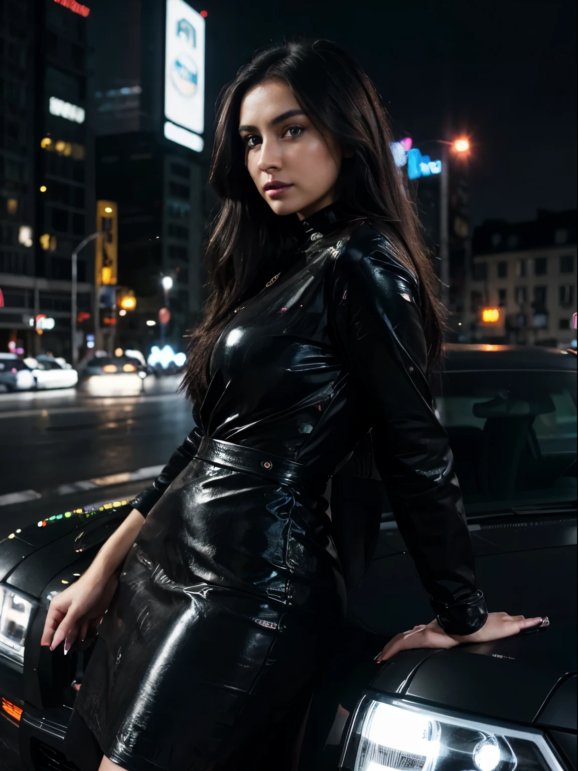 highres,ultra-detailed,realistic,hdr,Girl on the black car,portrait,shiny black car,detailed eyes,detailed lips,stylish black dress,long dark hair,confident posture,vivid colors,cityscape background,nighttime setting,neon lights,reflection on the car's surface,high contrast lighting,long exposure effect,exhaust fumes,urban atmosphere