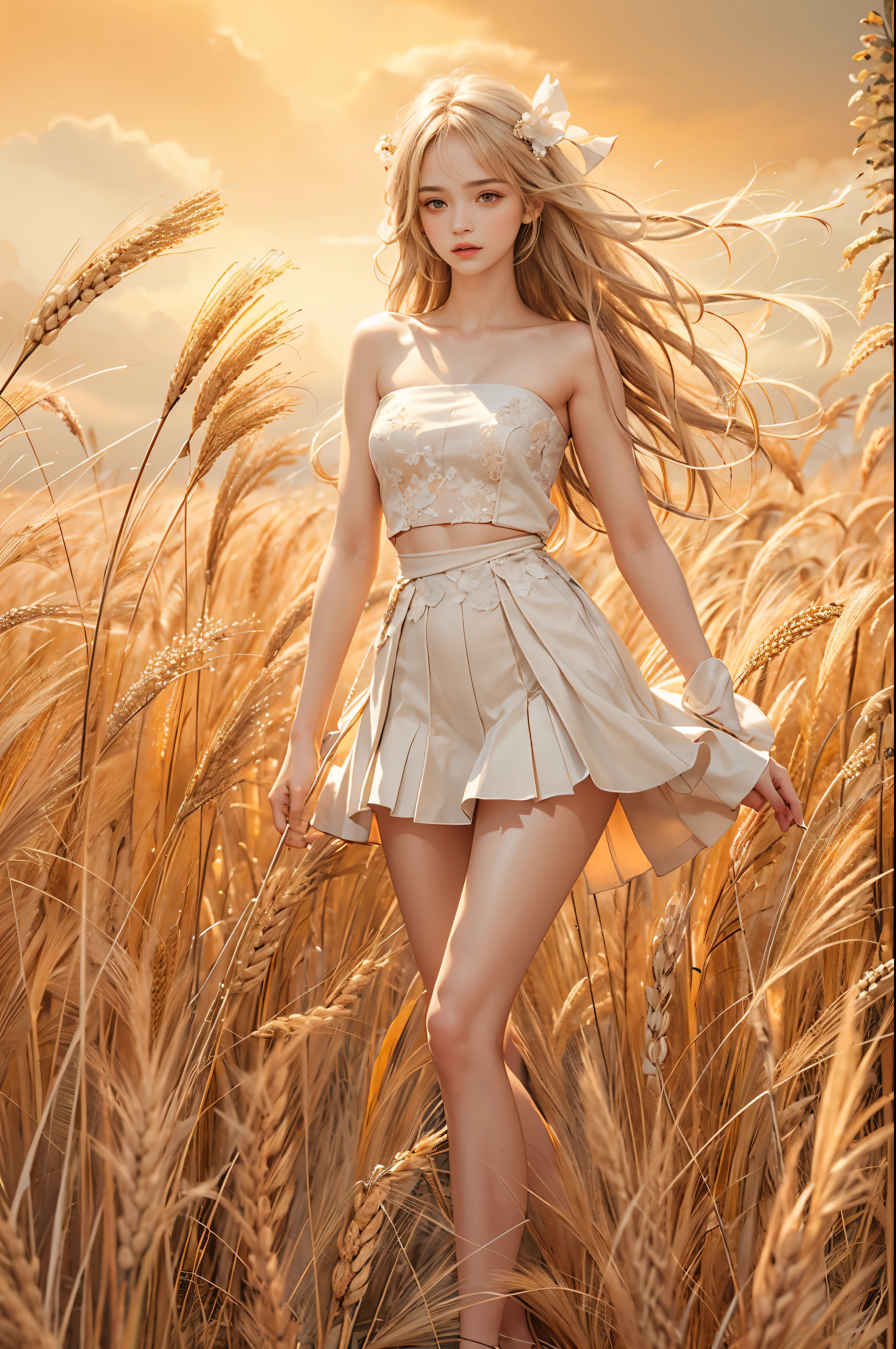 masterpiece, best quality, high quality, High definition, High quality texture, High quality shadow, high detail, beautiful detailed, finely detailed, extremely detailed cg, detailed texture, a realistic representation of the face, realistic, colorful, delicate, sharp focus, (intricate details, makeup, PureErosFace_V1:0.5), (detailed beautiful delicate face, detailed beautiful delicate eyes, a face of perfect proportion, high detailed skin, detailed skin, best ratio four finger and one thumb, skiny and thin:1.3), 1girl, , tall, (smooth_abs:1.55), (abs:0.5), pretty, masterpiece, highres, (long_skinny_legs), (straight_legs), (skinny_waist), (((fair skin))), white skin, (((pale skin))), (Emma_watson), big_breast, (((Caucasian))), Light blonde hair, orange Bandeau, orange short pleated dress, standing legs apart, looking at viewer, full body, portrait of cute blonde girl, standing on a wheat field (((looking away))), bloom, orange fog, motion, wispy hair, realism, high-quality rendering, stunning art, high quality, film grain, Fujifilm XT3, dreamy
