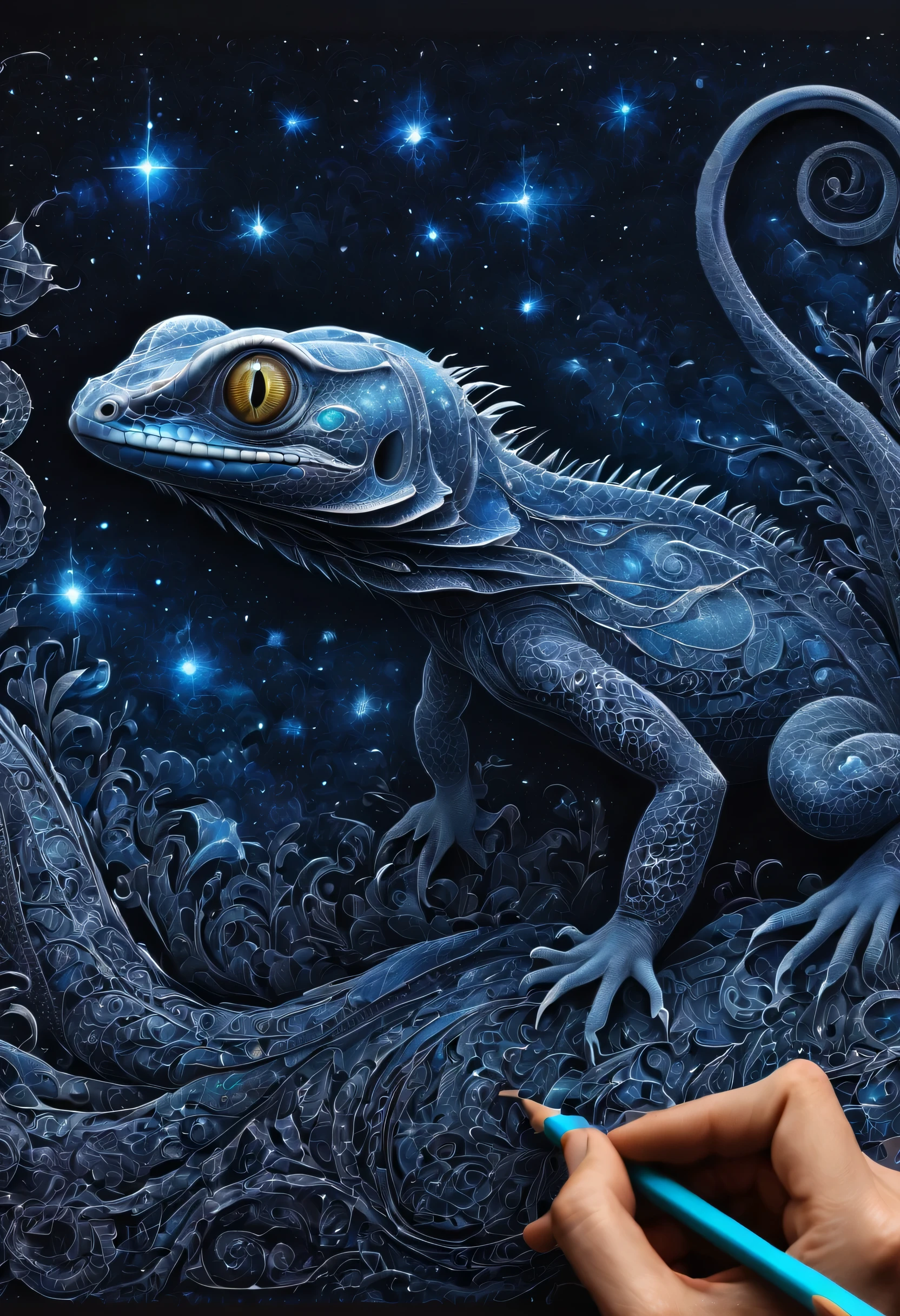 someone is drawing a magic lizard with a pencil on a piece of paper, intricate artwork, 3d shaded art, insanely detailed art, intricate 3 d illustration, magical and intricate starry sky, very intricate art, extremely detailed art, highly realistic and intricate, very detailed art, highly detailed 3 d art, intricate drawing, intricate artwork masterpiece, intricate art, detailed digital 3d art