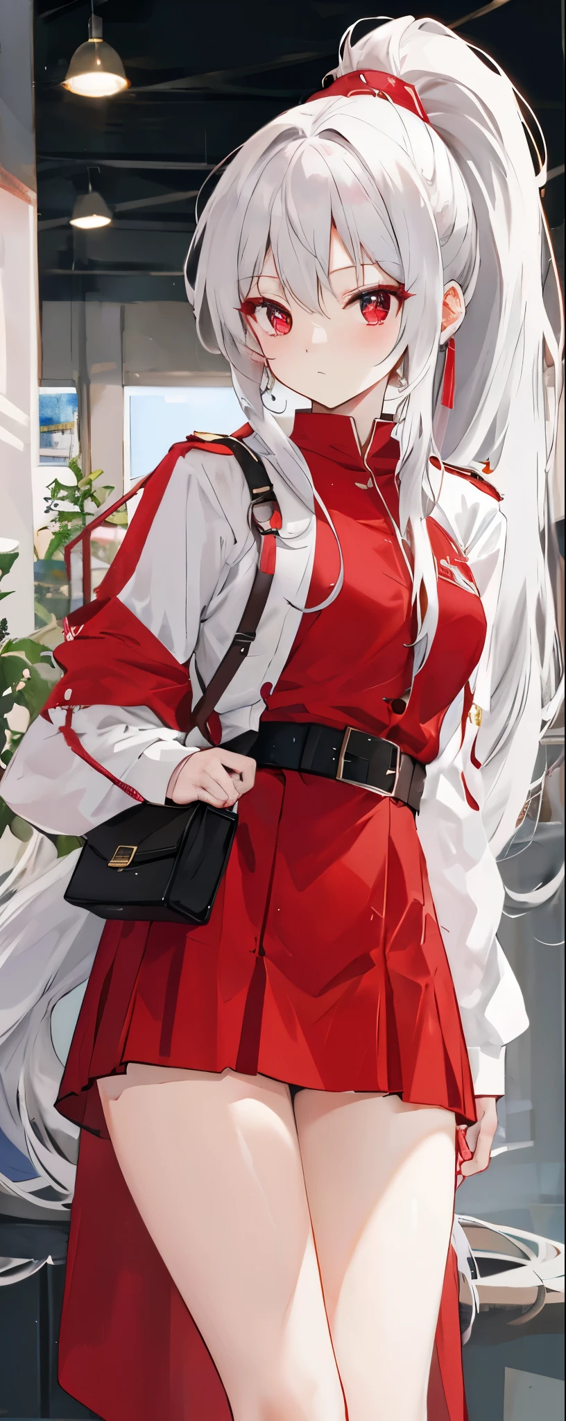 no clothes,woman,long white hair,high ponytail,red pupils,girl,reasonable,Lovely,About ,whole body