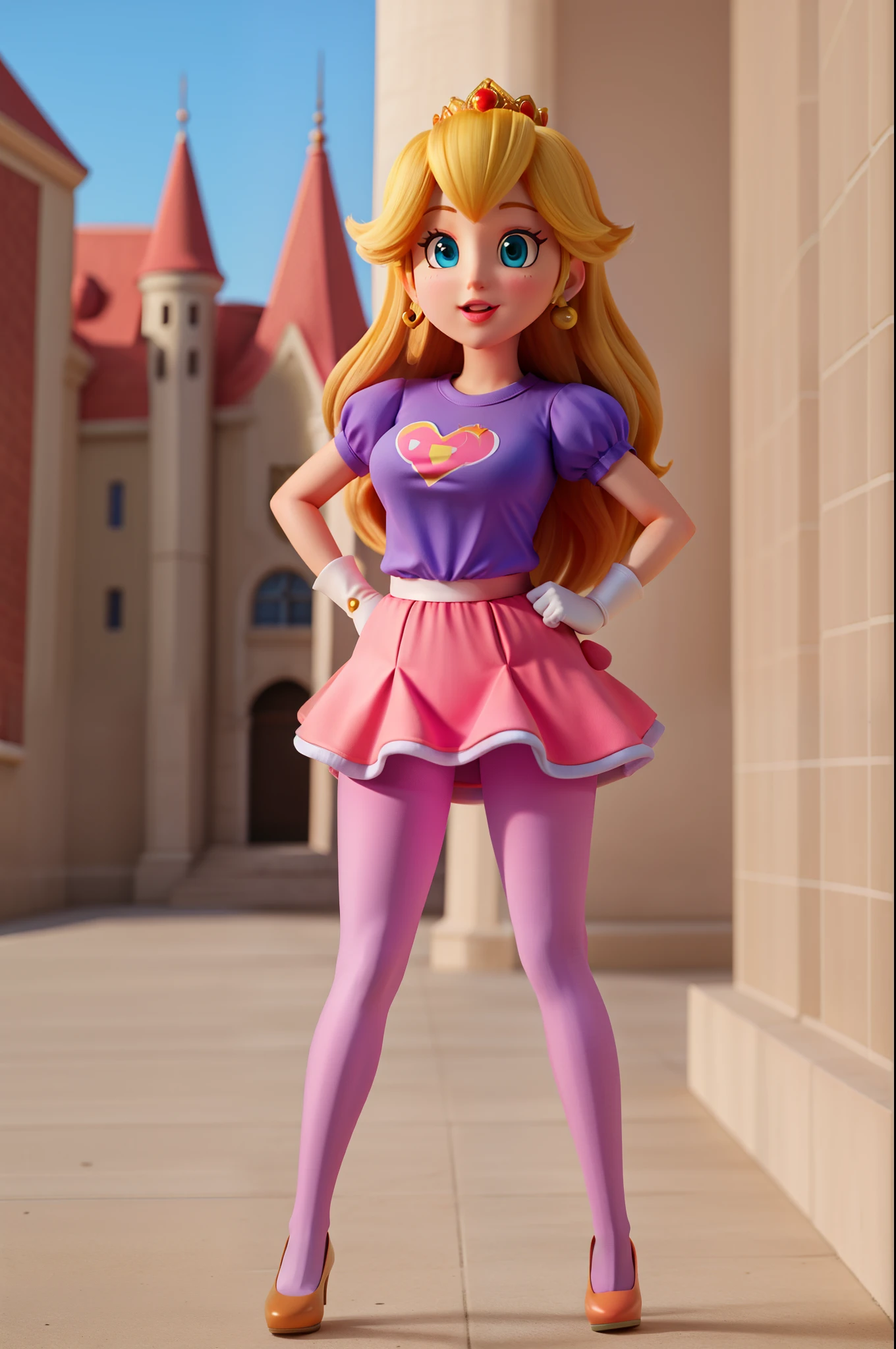 princess peach,thick thighs,short pantyhose,t shirt pink,view crotch