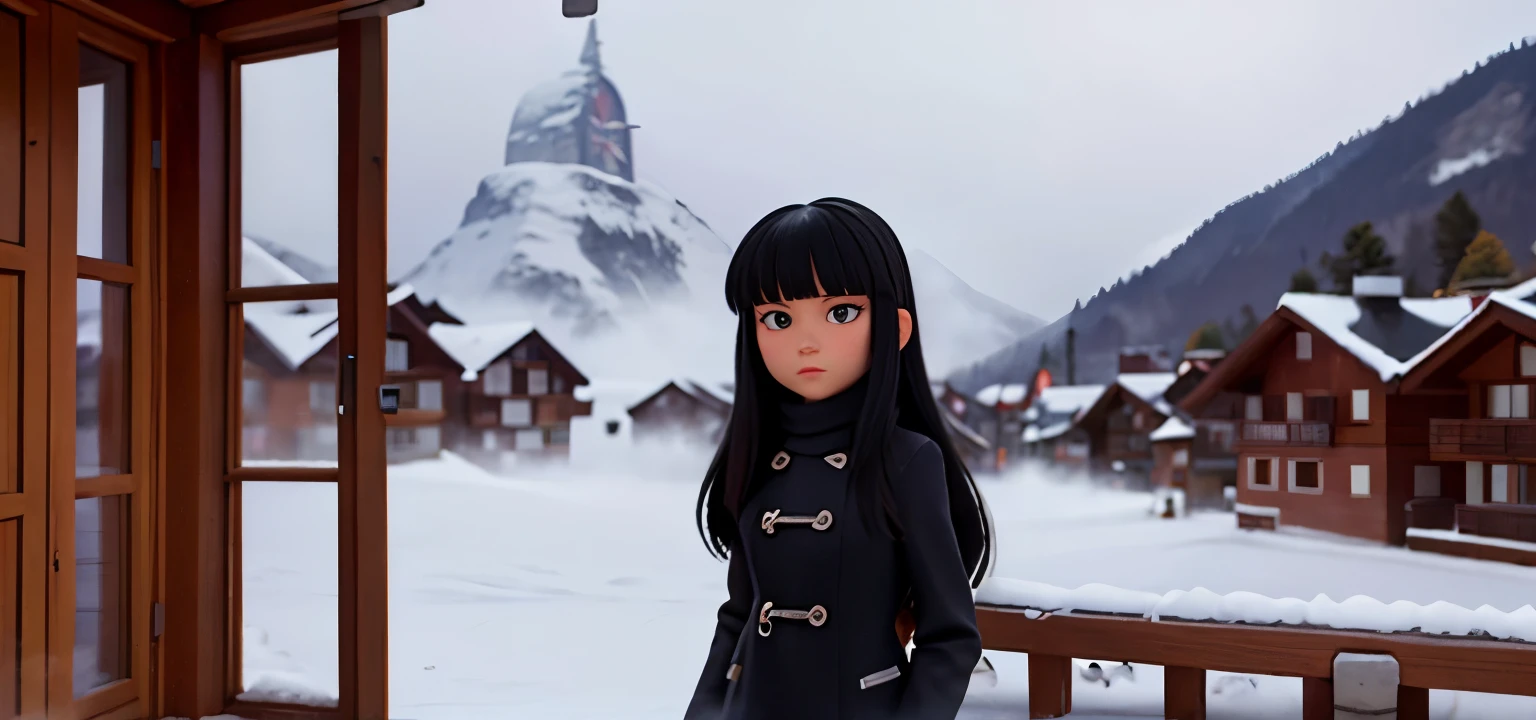 Girl with black long hair with bangs using blakc turtleneck in Zermatt Switzerland on a foggy day with snow Wearing an overcoat