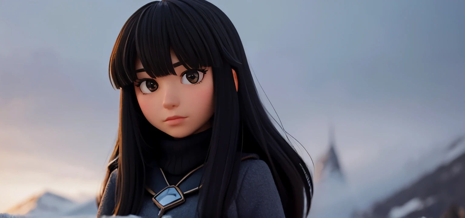 Girl with black long hair with bangs using blakc turtleneck in Zermatt Switzerland on a foggy day with snow Wearing an overcoat