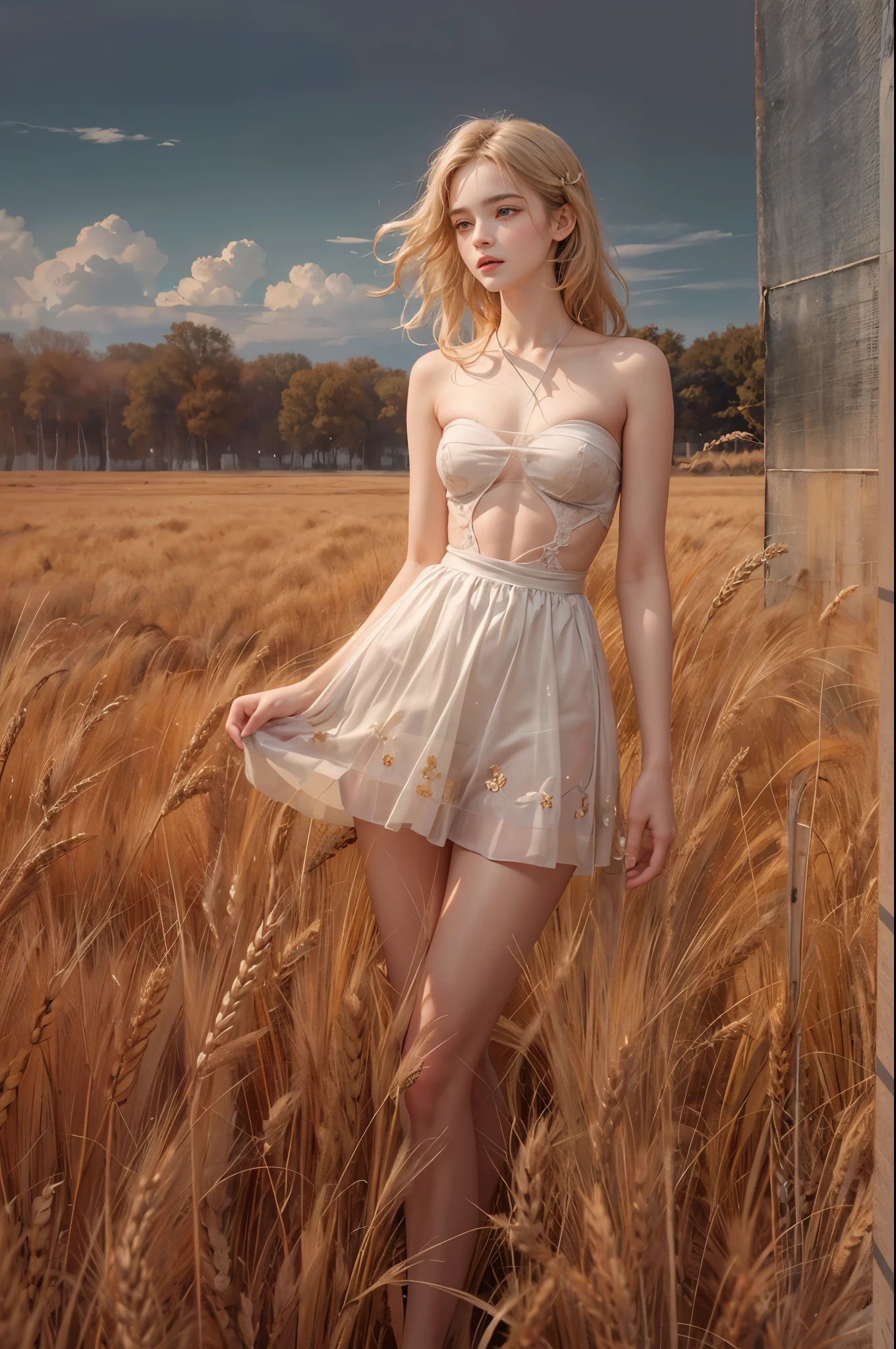 masterpiece, best quality, high quality, High definition, High quality texture, High quality shadow, high detail, beautiful detailed, finely detailed, extremely detailed cg, detailed texture, a realistic representation of the face, realistic, colorful, delicate, sharp focus, (intricate details, makeup, PureErosFace_V1:0.5), (detailed beautiful delicate face, detailed beautiful delicate eyes, a face of perfect proportion, high detailed skin, detailed skin, best ratio four finger and one thumb, skiny and thin:1.3), 1girl, , tall, (smooth_abs:1.55), (abs:0.5), pretty, masterpiece, highres, (long_skinny_legs), (straight_legs), (skinny_waist), (((fair skin))), white skin, (((pale skin))), (Emma_watson), big_breast, (((Caucasian))), Light blonde hair, orange Bandeau, orange short pleated dress, standing legs apart, looking at viewer, full body, portrait of cute blonde girl, standing on a wheat field (((looking away))), bloom, orange fog, motion, wispy hair, realism, high-quality rendering, stunning art, high quality, film grain, Fujifilm XT3, dreamy