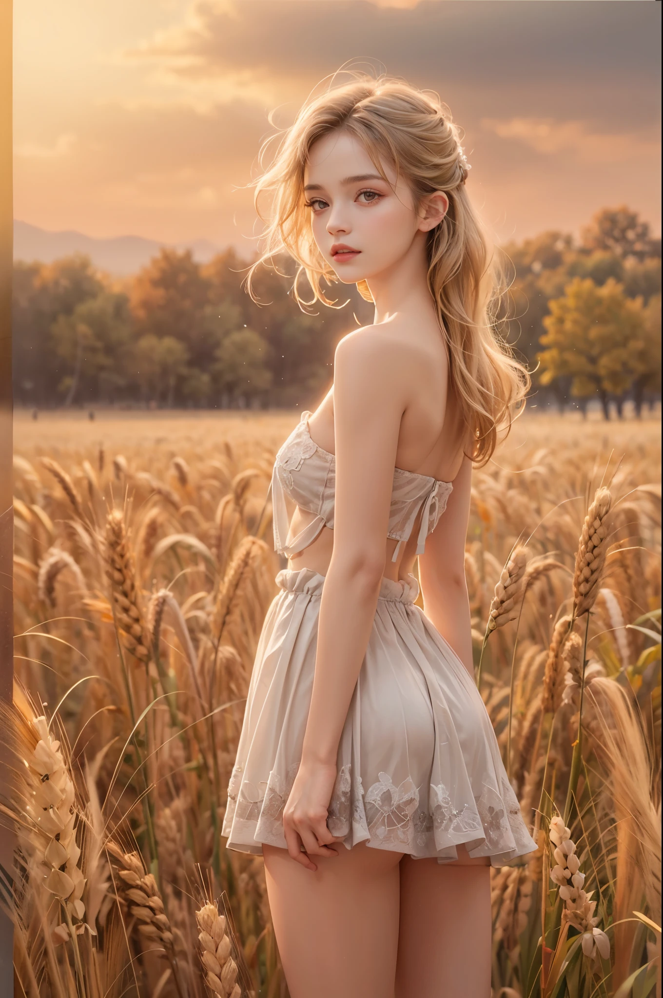 masterpiece, best quality, high quality, High definition, High quality texture, High quality shadow, high detail, beautiful detailed, finely detailed, extremely detailed cg, detailed texture, a realistic representation of the face, realistic, colorful, delicate, sharp focus, (intricate details, makeup, PureErosFace_V1:0.5), (detailed beautiful delicate face, detailed beautiful delicate eyes, a face of perfect proportion, high detailed skin, detailed skin, best ratio four finger and one thumb, skiny and thin:1.3), 1girl, 17 years old, tall, (smooth_abs:1.55), (abs:0.5), pretty, masterpiece, highres, (long_skinny_legs), (straight_legs), (skinny_waist), (((fair skin))), white skin, (((pale skin))), (Emma_watson), big_breast, (((Caucasian))), Light blonde hair, orange Bandeau, orange short pleated dress, standing legs apart, looking at viewer, full body, portrait of cute blonde girl, standing on a wheat field (((looking away))), bloom, orange fog, motion, wispy hair, realism, high-quality rendering, stunning art, high quality, film grain, Fujifilm XT3, dreamy