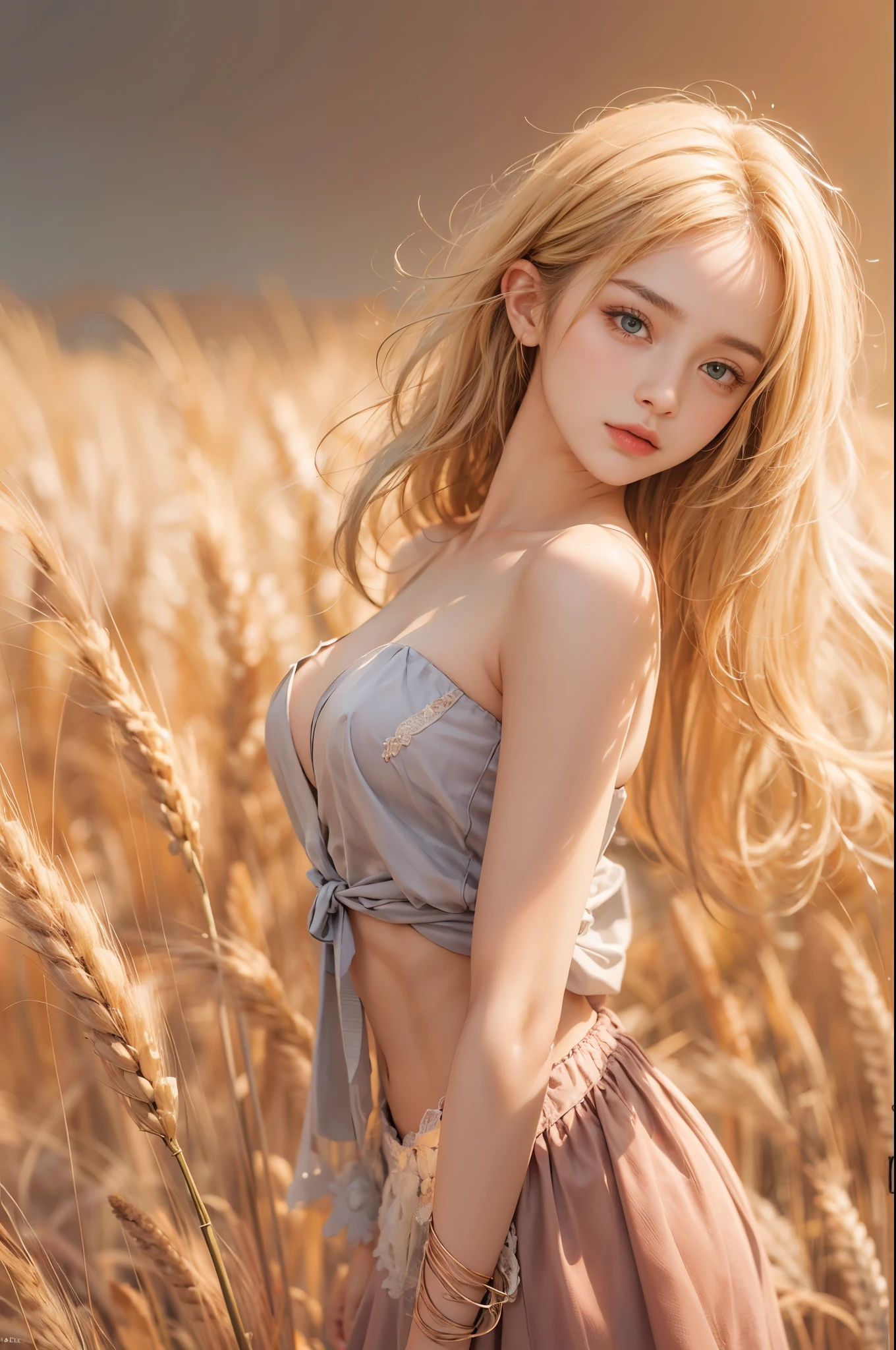 masterpiece, best quality, high quality, High definition, High quality texture, High quality shadow, high detail, beautiful detailed, finely detailed, extremely detailed cg, detailed texture, a realistic representation of the face, realistic, colorful, delicate, sharp focus, (intricate details, makeup, PureErosFace_V1:0.5), (detailed beautiful delicate face, detailed beautiful delicate eyes, a face of perfect proportion, high detailed skin, detailed skin, best ratio four finger and one thumb, skiny and thin:1.3), 1girl, , tall, (smooth_abs:1.55), (abs:0.5), pretty, masterpiece, highres, (long_skinny_legs), (straight_legs), (skinny_waist), (((fair skin))), white skin, (((pale skin))), (Emma_watson), big_breast, (((Caucasian))), Light blonde hair, orange Bandeau, orange short pleated dress, standing legs apart, looking at viewer, full body, portrait of cute blonde girl, standing on a wheat field (((looking away))), bloom, orange fog, motion, wispy hair, realism, high-quality rendering, stunning art, high quality, film grain, Fujifilm XT3, dreamy