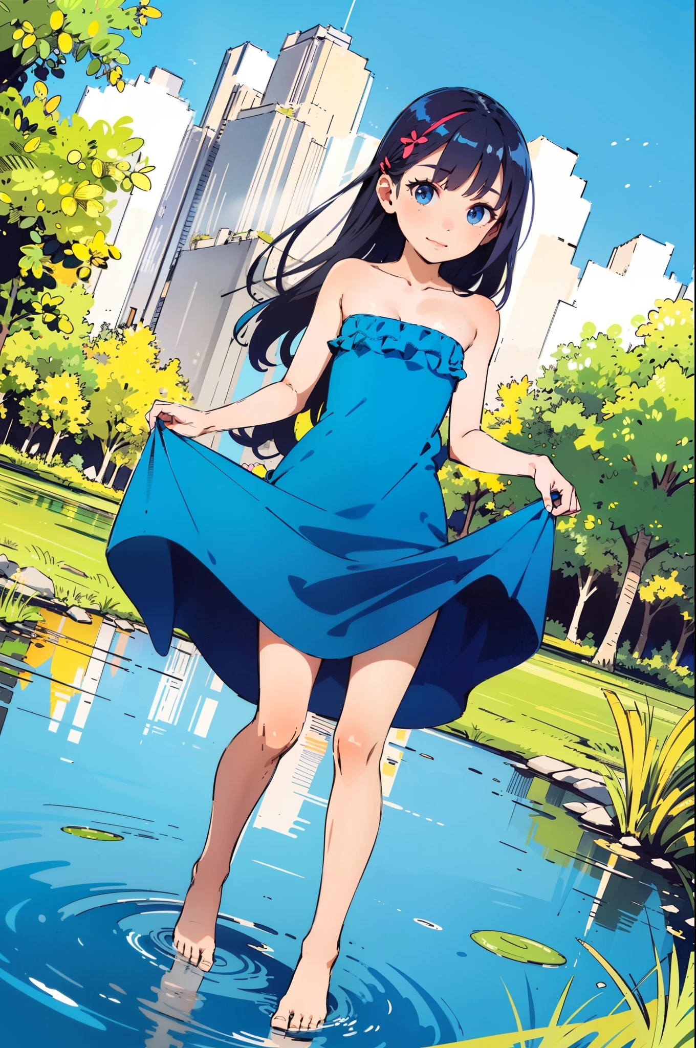 superflat, flat shading, flat colors, (low angle), 1girl, little, slim, flat chest, long hair, (blue dress:1.2), bare feet, lift dress with hands, naked, upskirt, bottomless, expose pussy, (naked pussy), standing on grass, by a lake, touching water by toes, reflection in water, summer, day, blue sky, vibrant colors, iwish