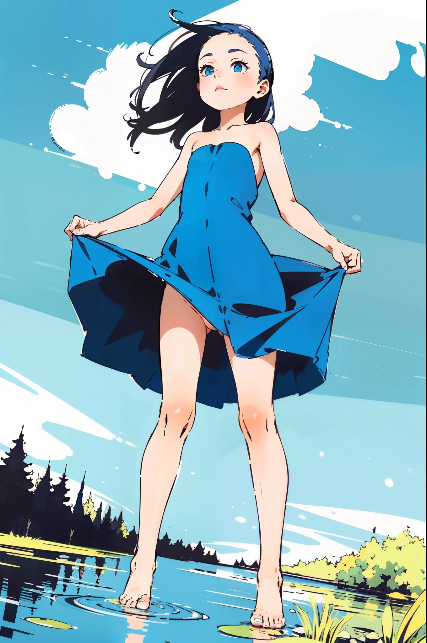 superflat, flat shading, flat colors, (low angle), 1girl, little, slim, flat chest, long hair, (blue dress:1.2), bare feet, lift dress with hands, naked, upskirt, bottomless, expose pussy, (naked pussy), standing on grass, by a lake, touching water by toes, reflection in water, summer, day, blue sky, vibrant colors, iwish