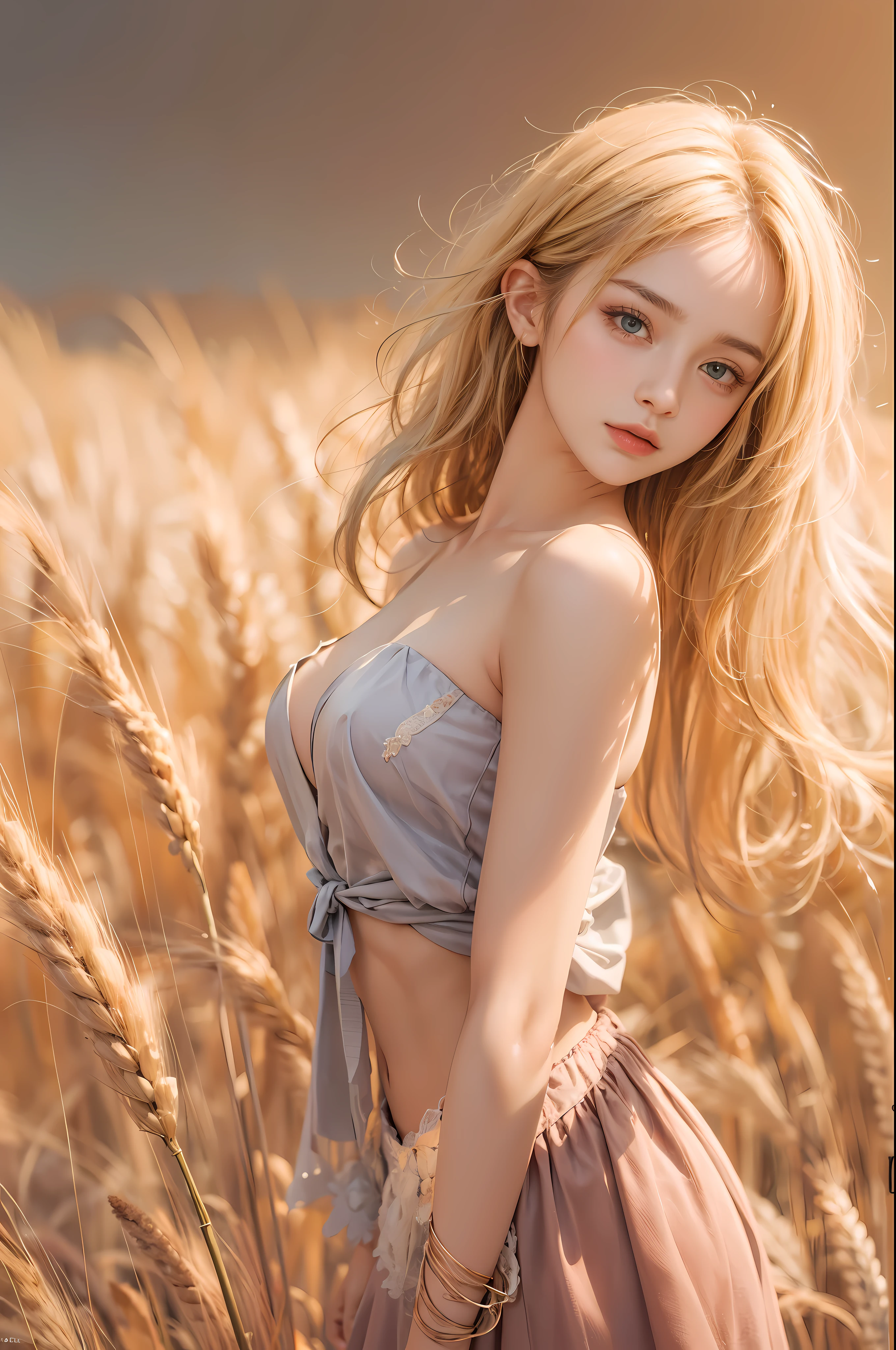 masterpiece, best quality, high quality, High definition, High quality texture, High quality shadow, high detail, beautiful detailed, finely detailed, extremely detailed cg, detailed texture, a realistic representation of the face, realistic, colorful, delicate, sharp focus, (intricate details, makeup, PureErosFace_V1:0.5), (detailed beautiful delicate face, detailed beautiful delicate eyes, a face of perfect proportion, high detailed skin, detailed skin, best ratio four finger and one thumb, skiny and thin:1.3), 1girl, 17 years old, tall, (smooth_abs:1.55), (abs:0.5), pretty, masterpiece, highres, (long_skinny_legs), (straight_legs), (skinny_waist), (((fair skin))), white skin, (((pale skin))), (Emma_watson), big_breast, (((Caucasian))), Light blonde hair, orange Bandeau, orange short pleated dress, standing legs apart, looking at viewer, full body, portrait of cute blonde girl, standing on a wheat field (((looking away))), bloom, orange fog, motion, wispy hair, realism, high-quality rendering, stunning art, high quality, film grain, Fujifilm XT3, dreamy