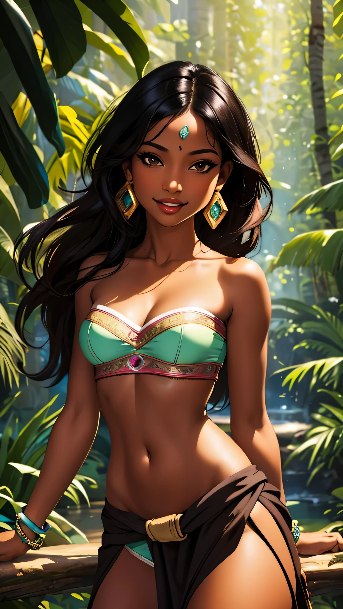 (masterpiece:1.2), (best quality), (ultra detailed), (8k, 4k, intricate),(full-body-shot:1),(cowboy:1.2), (sexy lingerie) (highly detailed:1.2),(detailed face:1.2), (detailed background),detailed landscape, ((portrait)), (dynamic pose:1.2), chel 1girl, solo, long hair, breasts, looking at viewer, smile, bangs, black hair, navel, cleavage, bare shoulders, brown eyes, jewelry, medium breasts, standing, collarbone, thighs, earrings, barefoot, midriff, dark skin, bracelet, dark-skinned female, lips, crop top, strapless, toes, pelvic curtain, tube top, loincloth,forest background, sexy lingerie