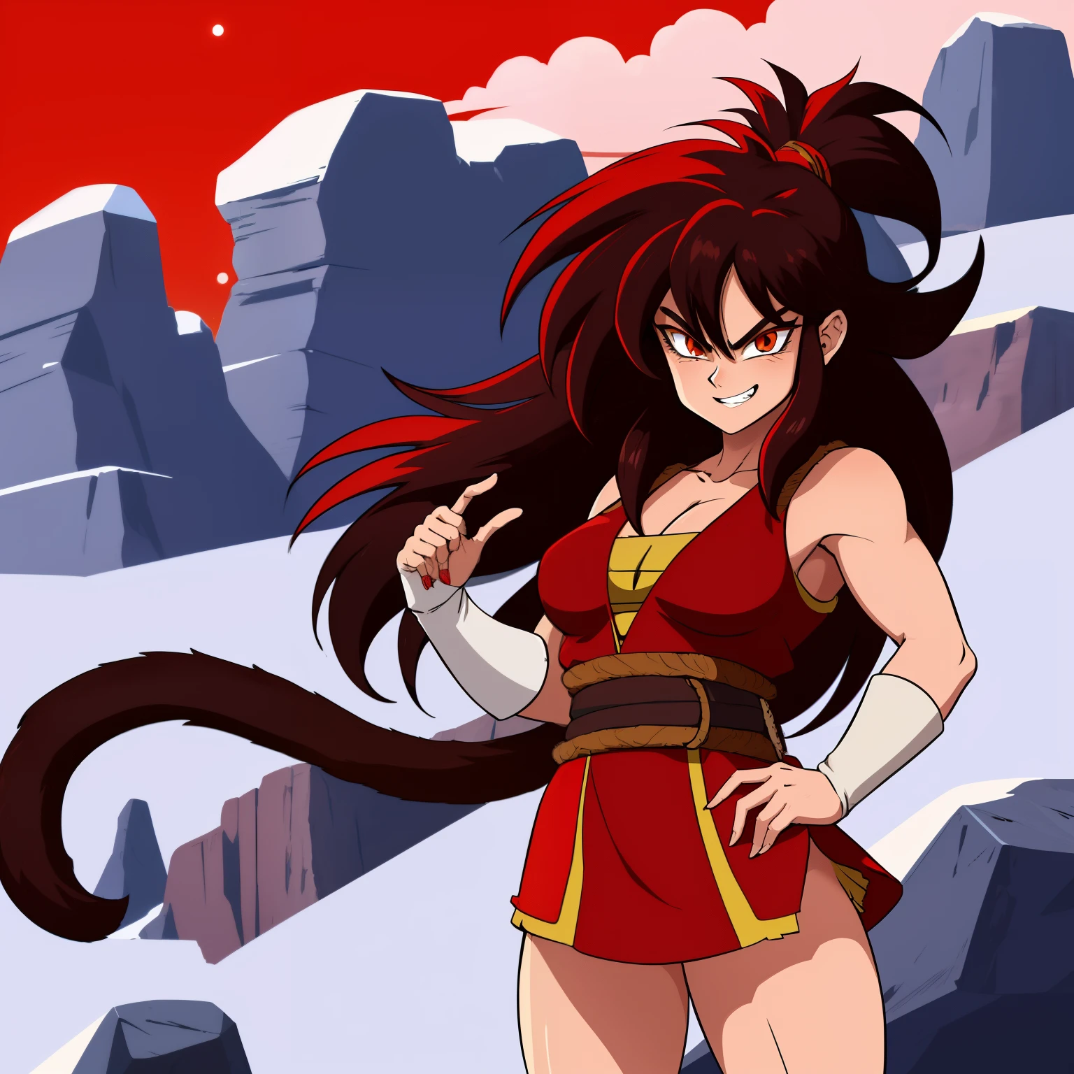 Sayaness - cartoon character with black hair, red animal skin and a Saiyan&#39;s lashing monkey tail against the pristine background of the red sky of planet Vegeta., solo, 1 girl, standing,  Saiyaness an anime Saiyaness girl with a monkey tail and a primeval animal pelt grinning evil grin hair down, brown animal skin, evil grin, hair tied, long wild straight hair, shoulder-length hair, mane of hair down the back