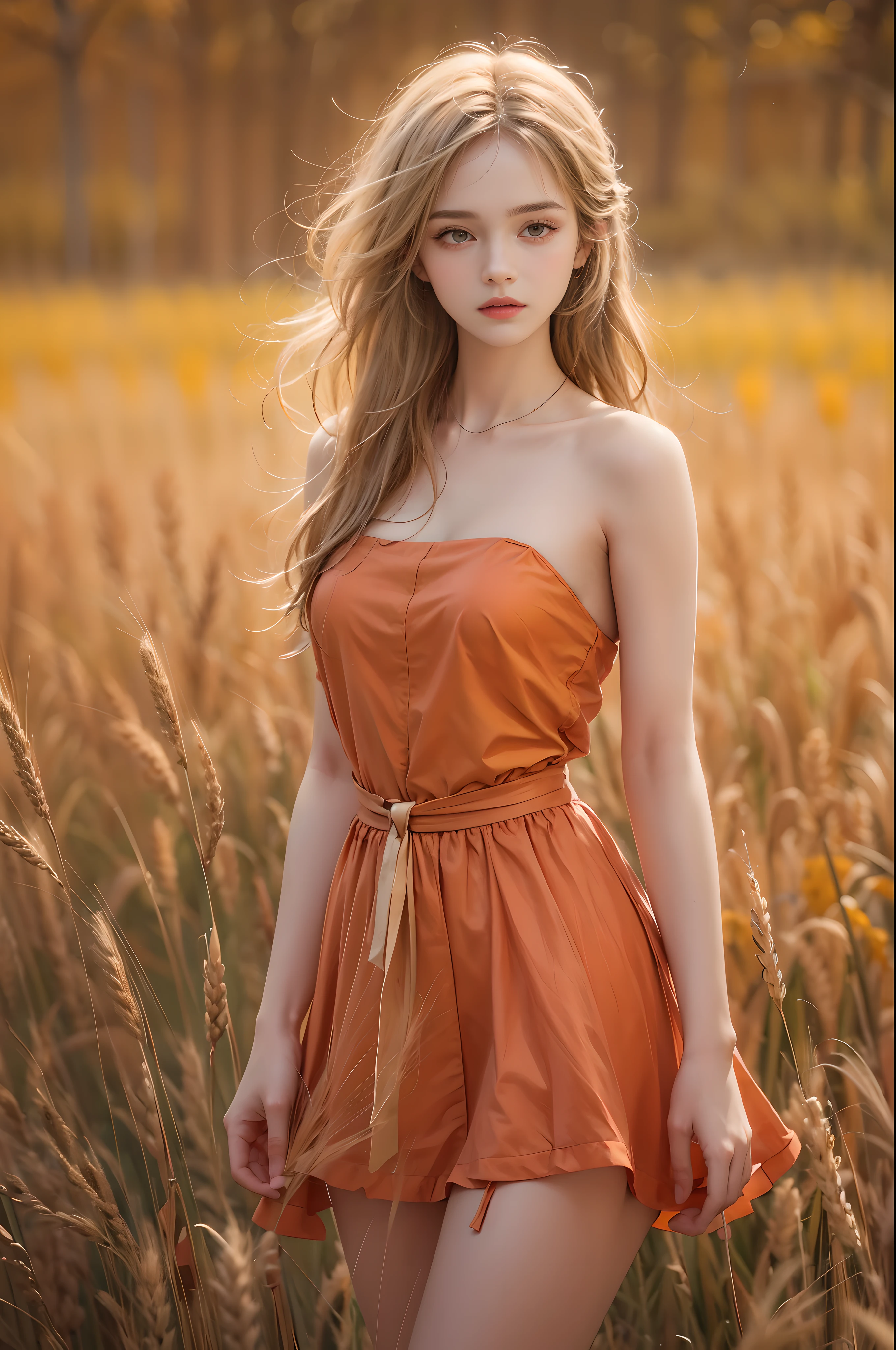 masterpiece, best quality, high quality, High definition, High quality texture, High quality shadow, high detail, beautiful detailed, finely detailed, extremely detailed cg, detailed texture, a realistic representation of the face, realistic, colorful, delicate, sharp focus, (intricate details, makeup, PureErosFace_V1:0.5), (detailed beautiful delicate face, detailed beautiful delicate eyes, a face of perfect proportion, high detailed skin, detailed skin, best ratio four finger and one thumb, skiny and thin:1.3), 1girl, , tall, (smooth_abs:1.55), (abs:0.5), pretty, masterpiece, highres, (long_skinny_legs), (straight_legs), (skinny_waist), (((fair skin))), white skin, (((pale skin))), (Emma_watson), big_breast, (((Caucasian))), Light blonde hair, orange Bandeau, orange short pleated dress, standing legs apart, looking at viewer, full body, portrait of cute blonde girl, standing on a wheat field (((looking away))), bloom, orange fog, motion, wispy hair, realism, high-quality rendering, stunning art, high quality, film grain, Fujifilm XT3, dreamy