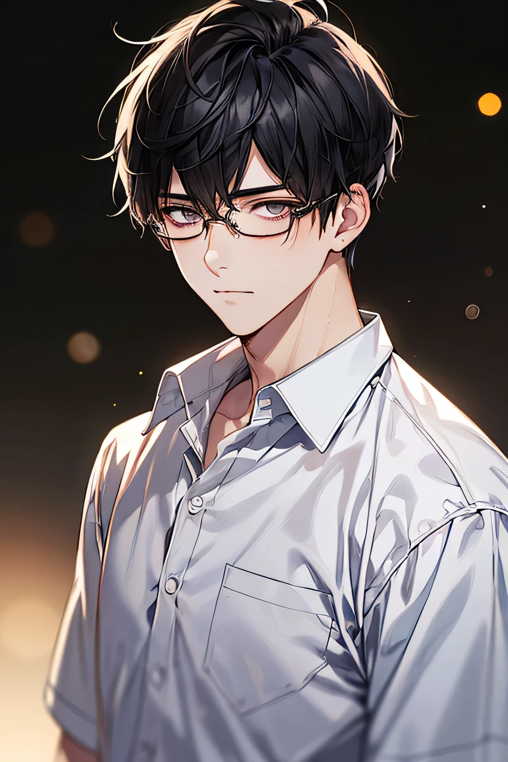 1 boy, Face focus, adult, white shirt, underwear, Highest quality, Adopt, detailed face, Detailed background, depth of field, Bokeh, to death, glasses, black hair, white background, best quality, indifferent, straight face, half body