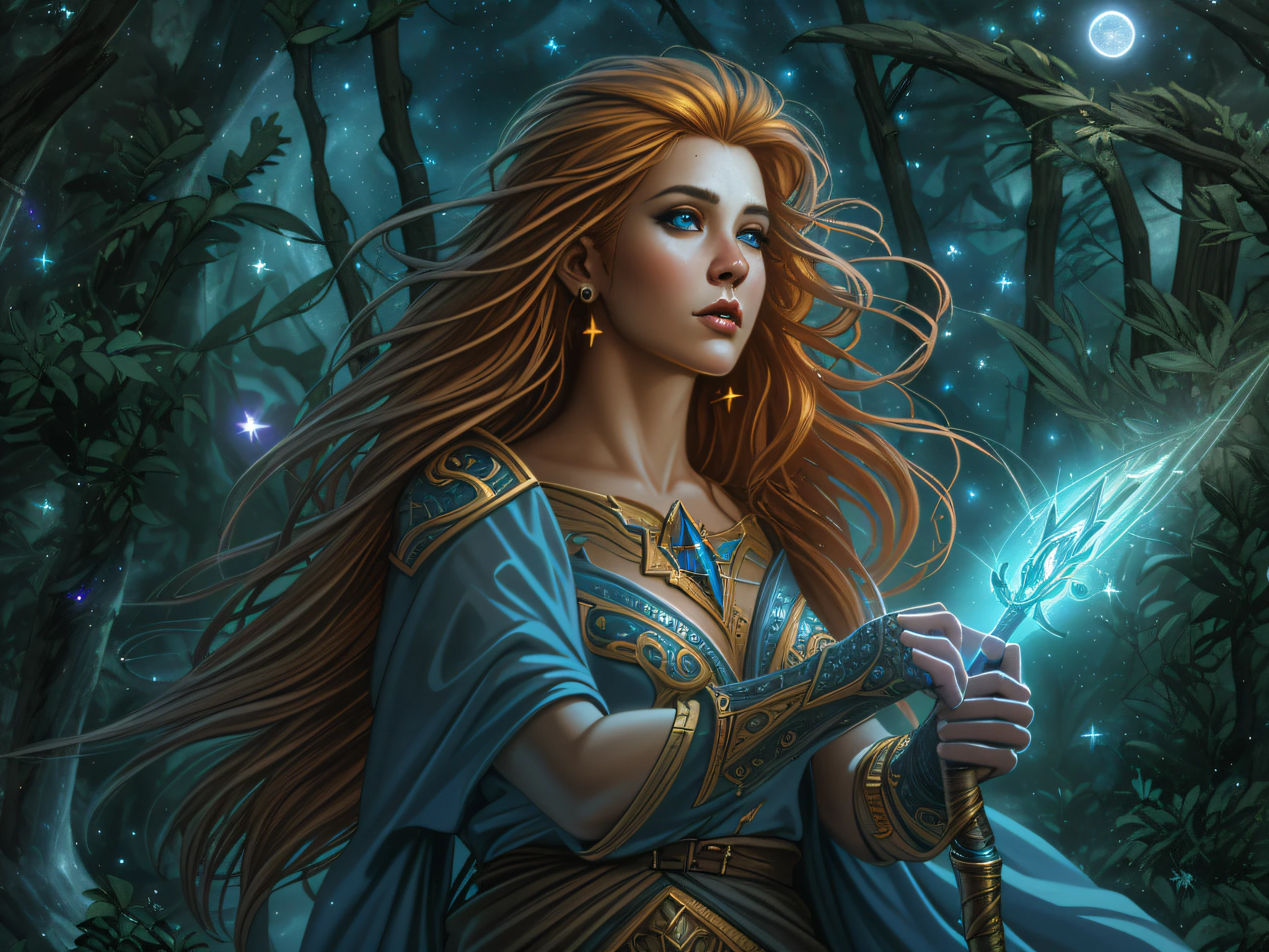 magv1ll high details, best quality, 16k, [ultra detailed], masterpiece, best quality, (extremely detailed), dynamic angle, ultra wide shot, photorealistic, ((fantasy art)) ((larry elmore style)), dnd art, rpg art, realistic art, female human druid of the stars, guardian of nature, controlling magical energy made of stars, swirling blue stary magical light, divine symbols (1.5 intricate details, Masterpiece, best quality), human female,  extremally beautiful, ultra feminine, dynamic hair, dynamic hair color, wearing leather armor, holding a staff, moon light, stars, dynamic natural background,  RPG art, magical atmosphere magic-fantasy-forest, ultra best realistic, best details, best quality, 16k, [ultra detailed], masterpiece, best quality, (extremely detailed), ultra wide shot, photorealism, depth of field, hyper realistic painting, 3D rendering