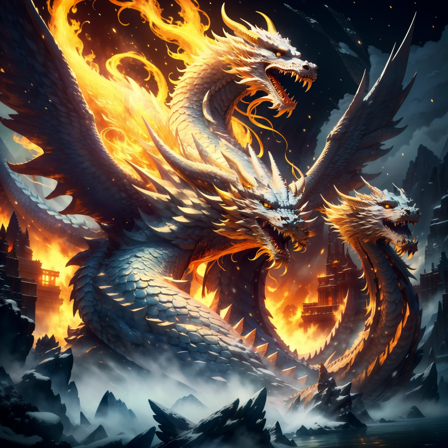 (8k), (UHD), ((best quality)), ((Masterpiece)), (details), ((realistic)), giant, White dragon and dark sky, golden flakes, iceberg, Volumetric illumination, He is symmetrical, curved forward., snow storm, Draconic's large symmetrical wings opened., whole body, Long golden fur, blue flames