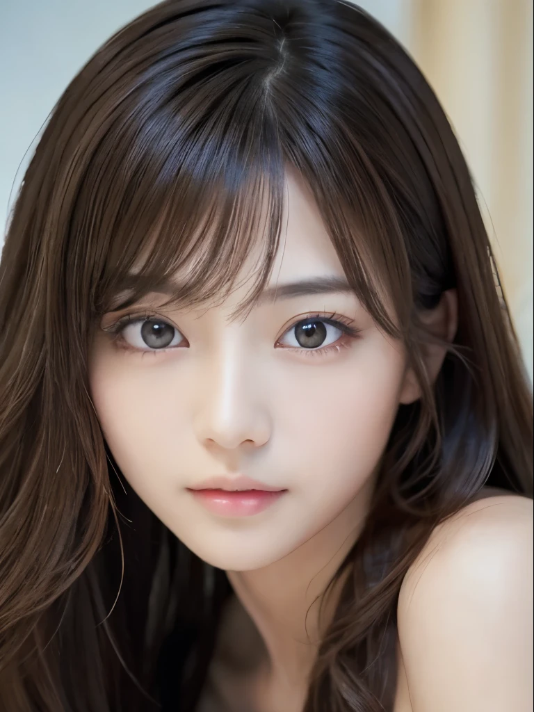 masterpiece、1 beautiful girl、Completely ?????、bed、lie down、fine brown eyes、puffy eyes、highest quality, 超High resolution, (reality: 1.4), movie lighting、(Japanese)、asian beauty、Super beautiful、medium hair、beautiful skin、Slender、(look at the audience)、(surreal)、(High resolution)、(8k)、(very detailed)、(beautiful detailed eyes)、(super detailed)、 (wall-)、detailed face、bright lighting、professional lighting、